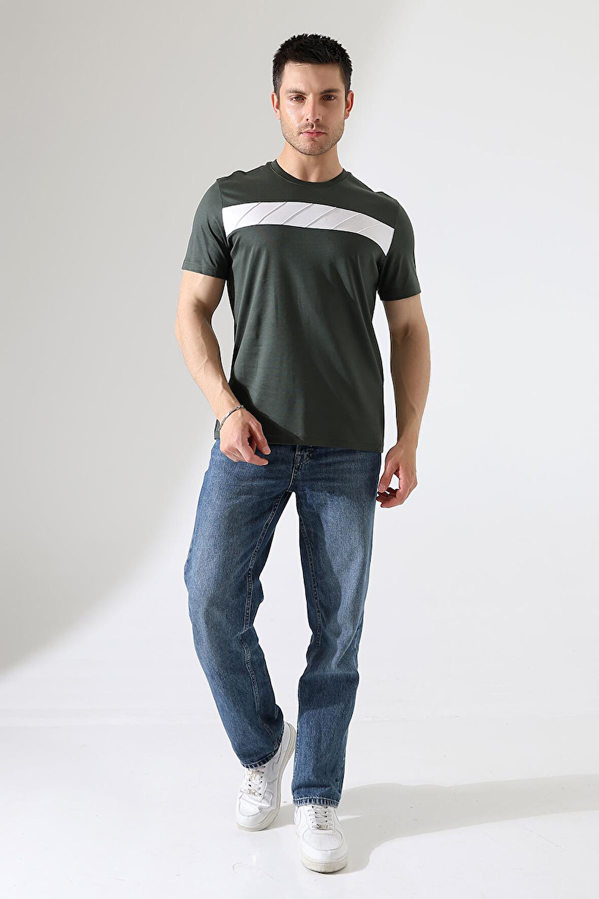 Erkek İki Renk Parçalı Bisiklet Yaka T-Shirt - Pamuklu Tişört
