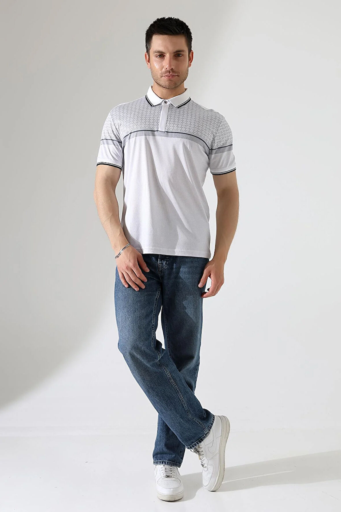 Fermuar Detaylı Desenli Pamuklu Polo Yaka T-shirt