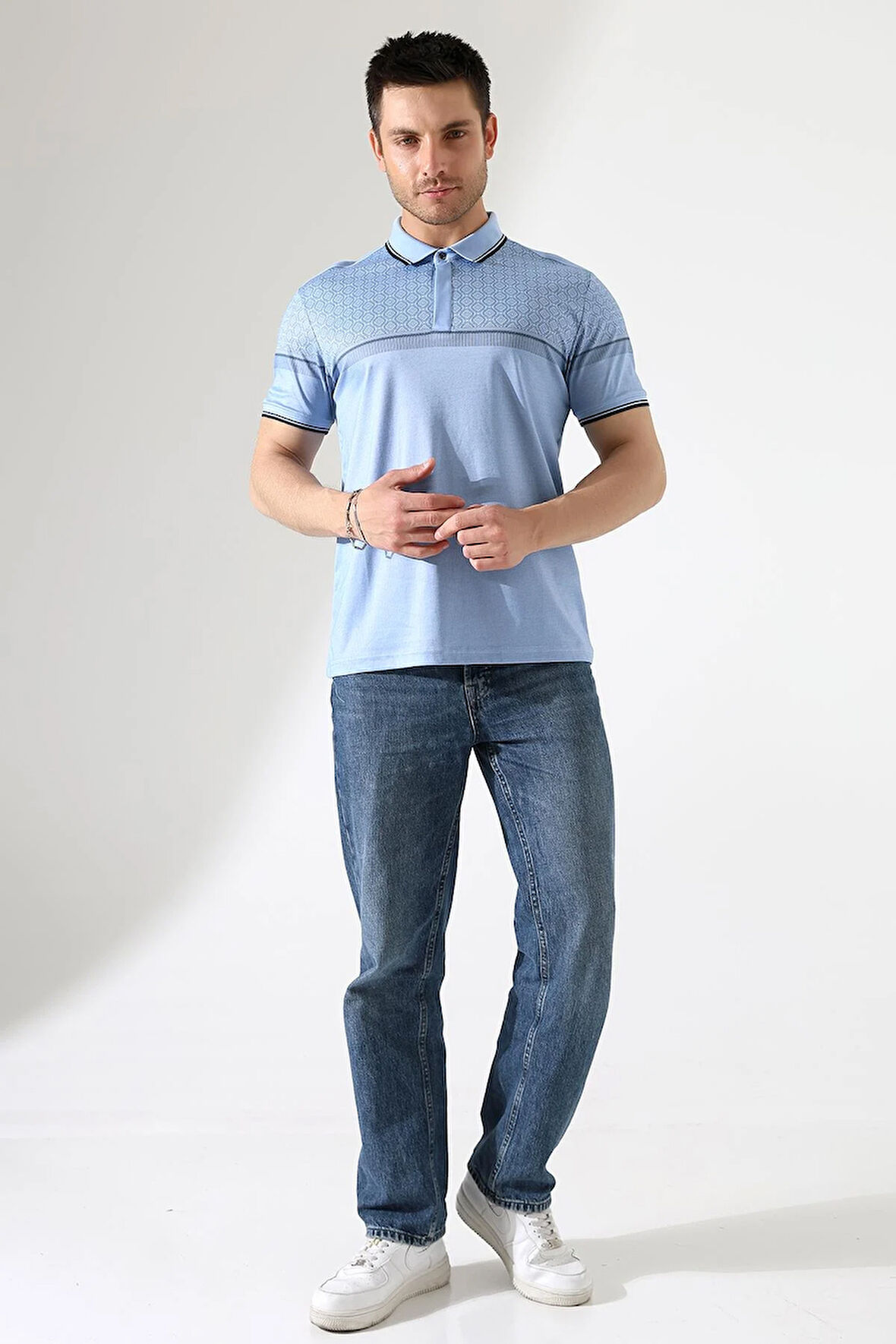 Fermuar Detaylı Desenli Pamuklu Polo Yaka T-shirt