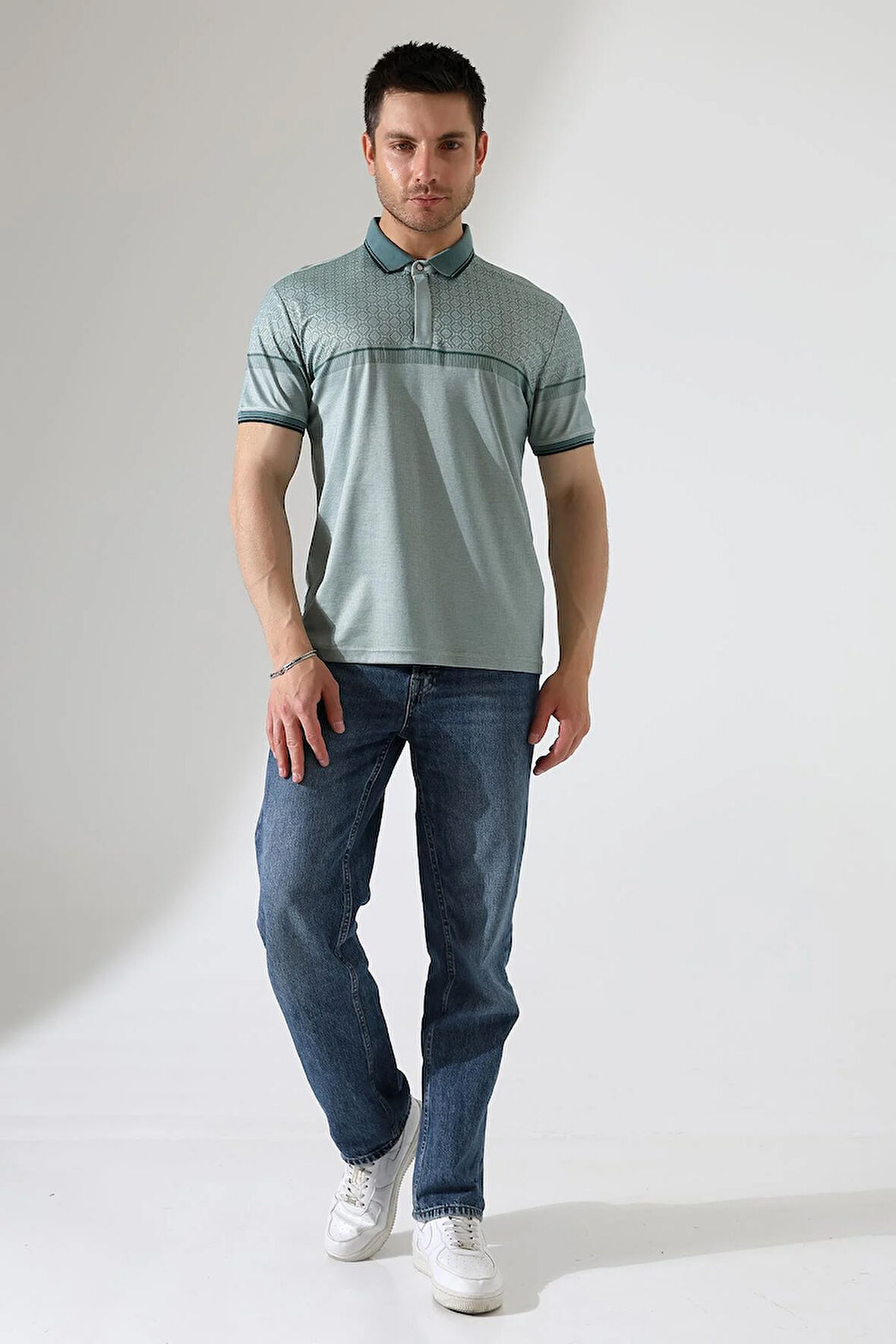 Fermuar Detaylı Desenli Pamuklu Polo Yaka T-shirt