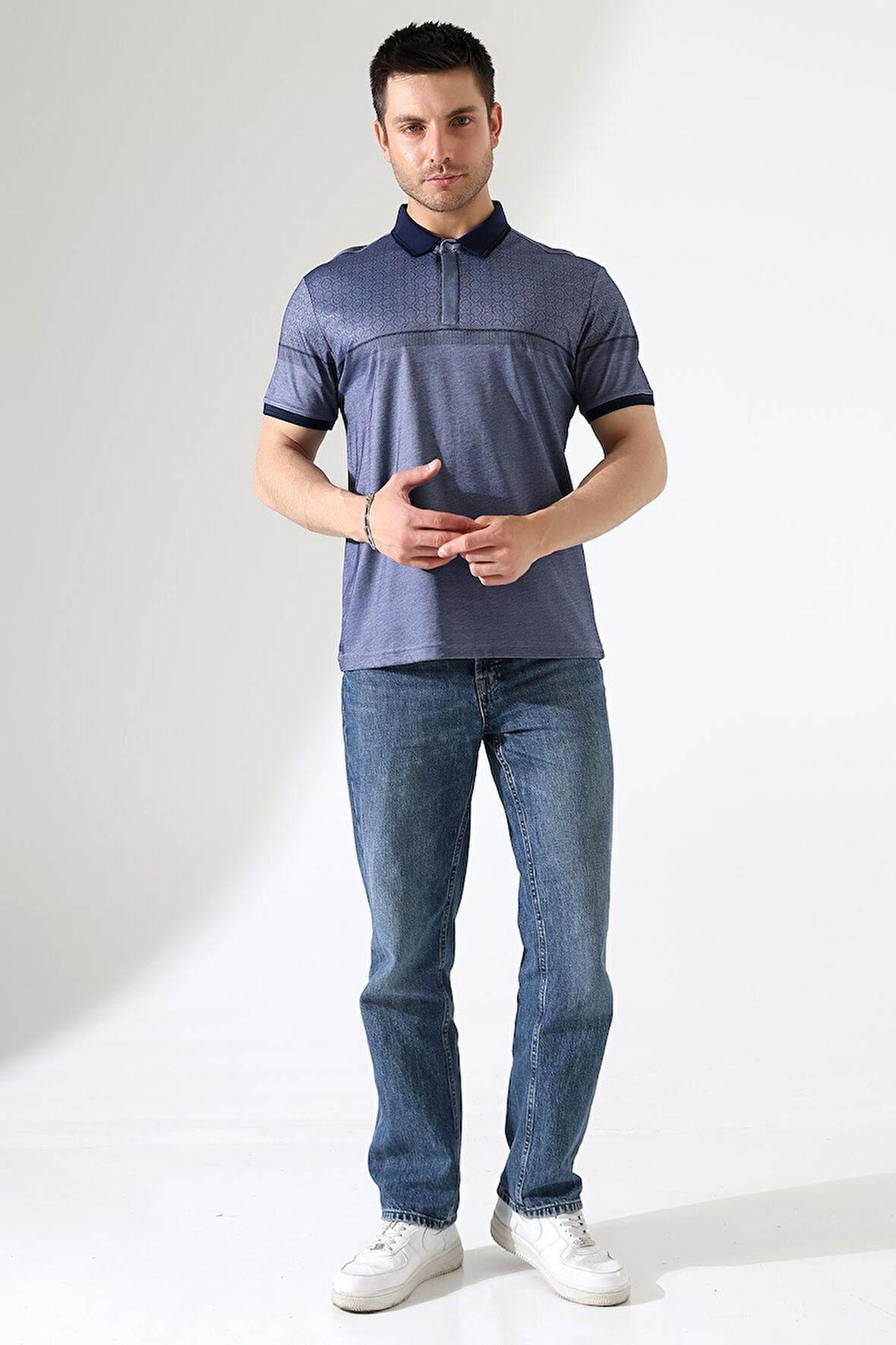 Fermuar Detaylı Desenli Pamuklu Polo Yaka T-shirt