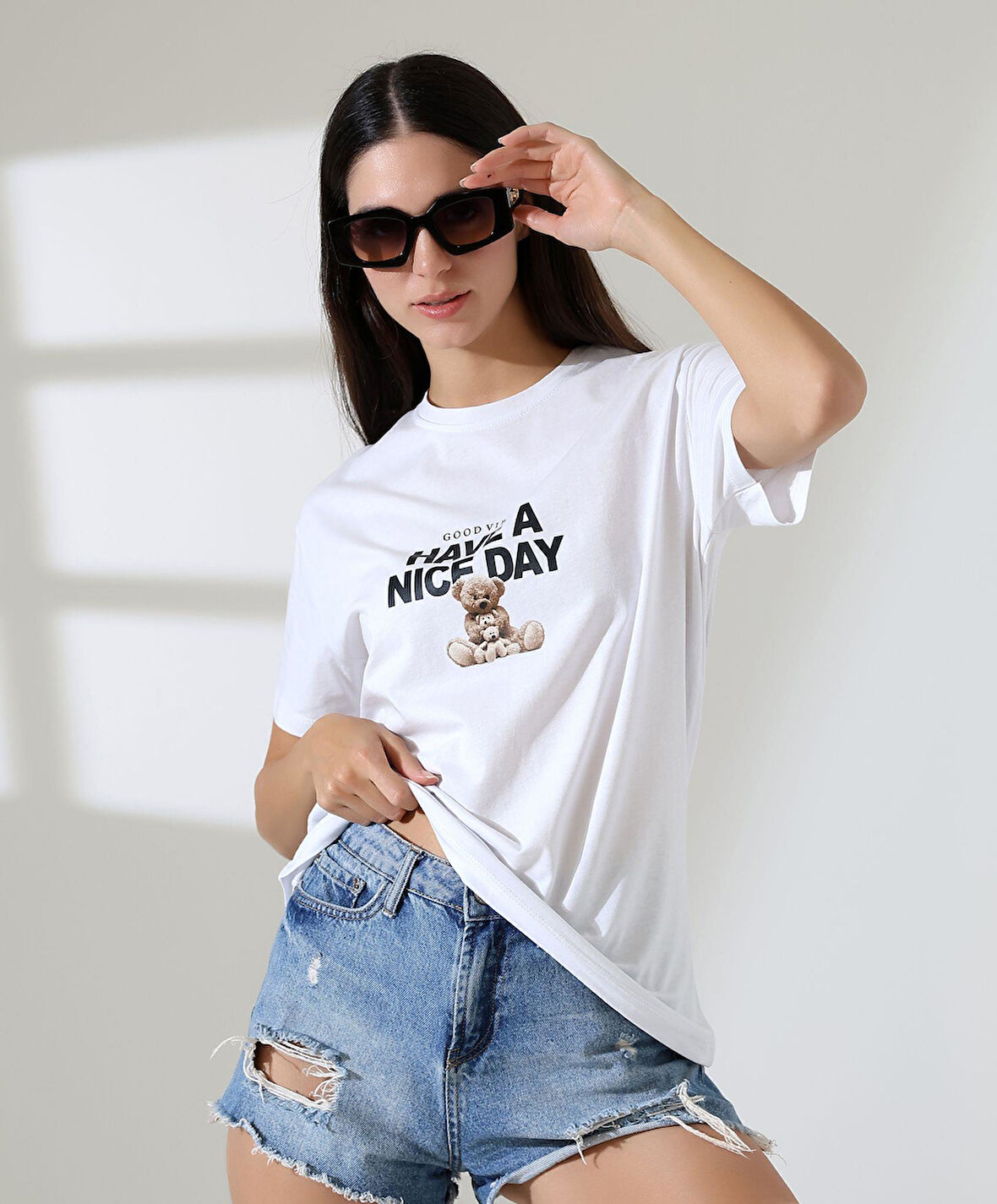 Kadın Ön Ve arka Ayıcık baskılı Bisiklet Yaka t-shirt