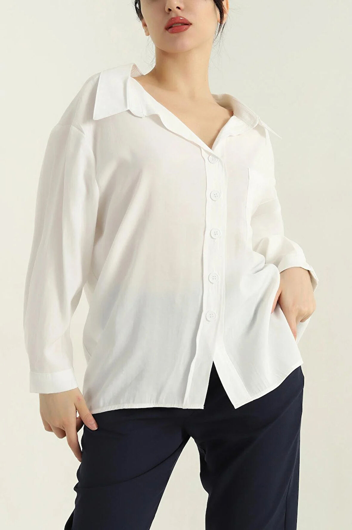 Tek Cep Modal Oversize Kadın Gömlek