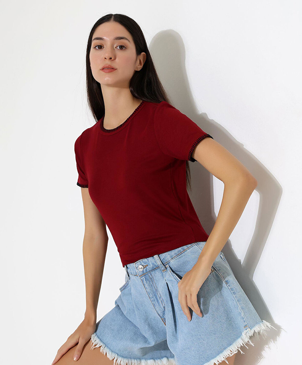 Kol Yaka El işi Çoban Dikiş detaylı Kadın Bluz T-shirt