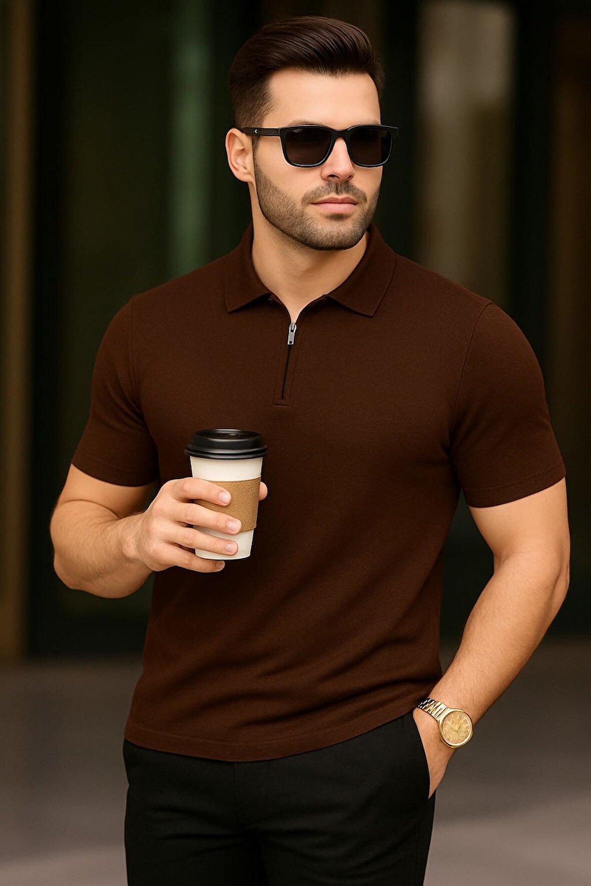 Erkek Polo Yaka Fermuarlı Triko T-shirt