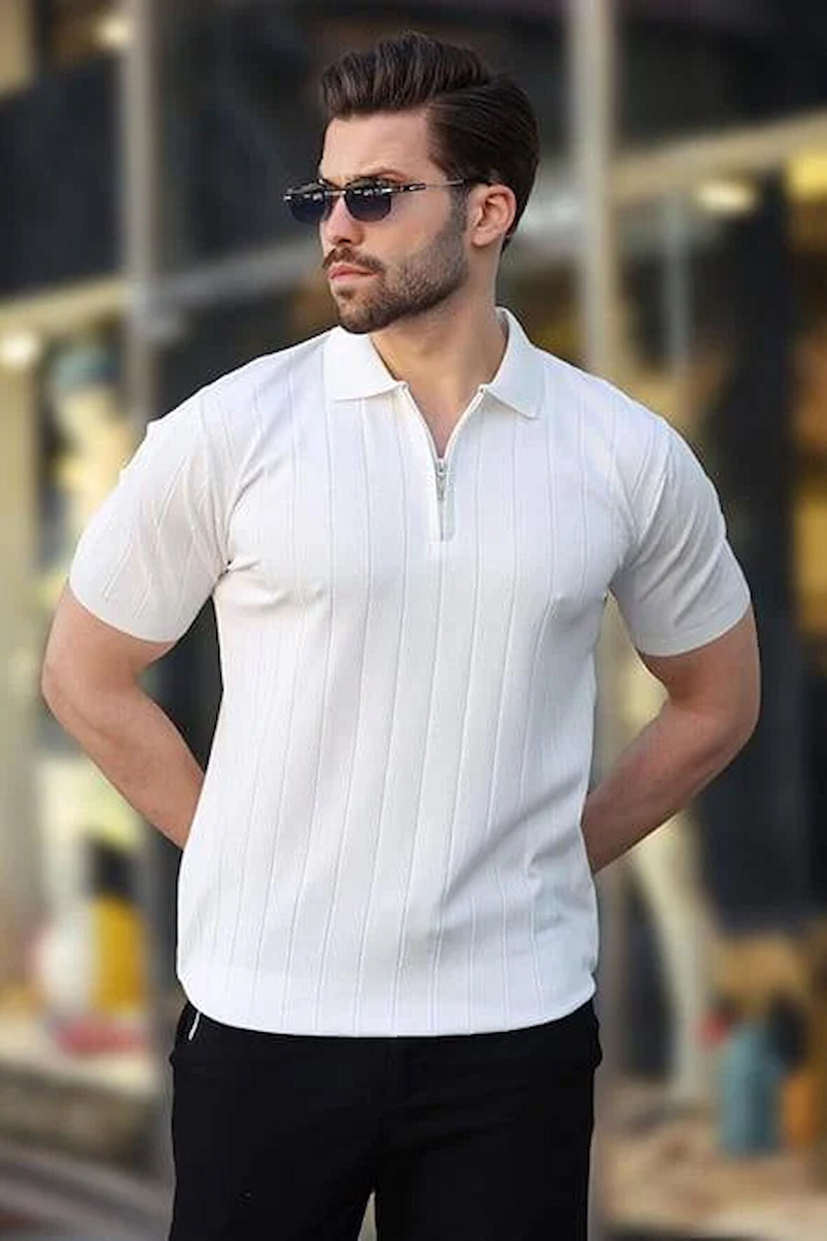 Polo Yaka Çizgili Fermuarlı Erkek T-shirt