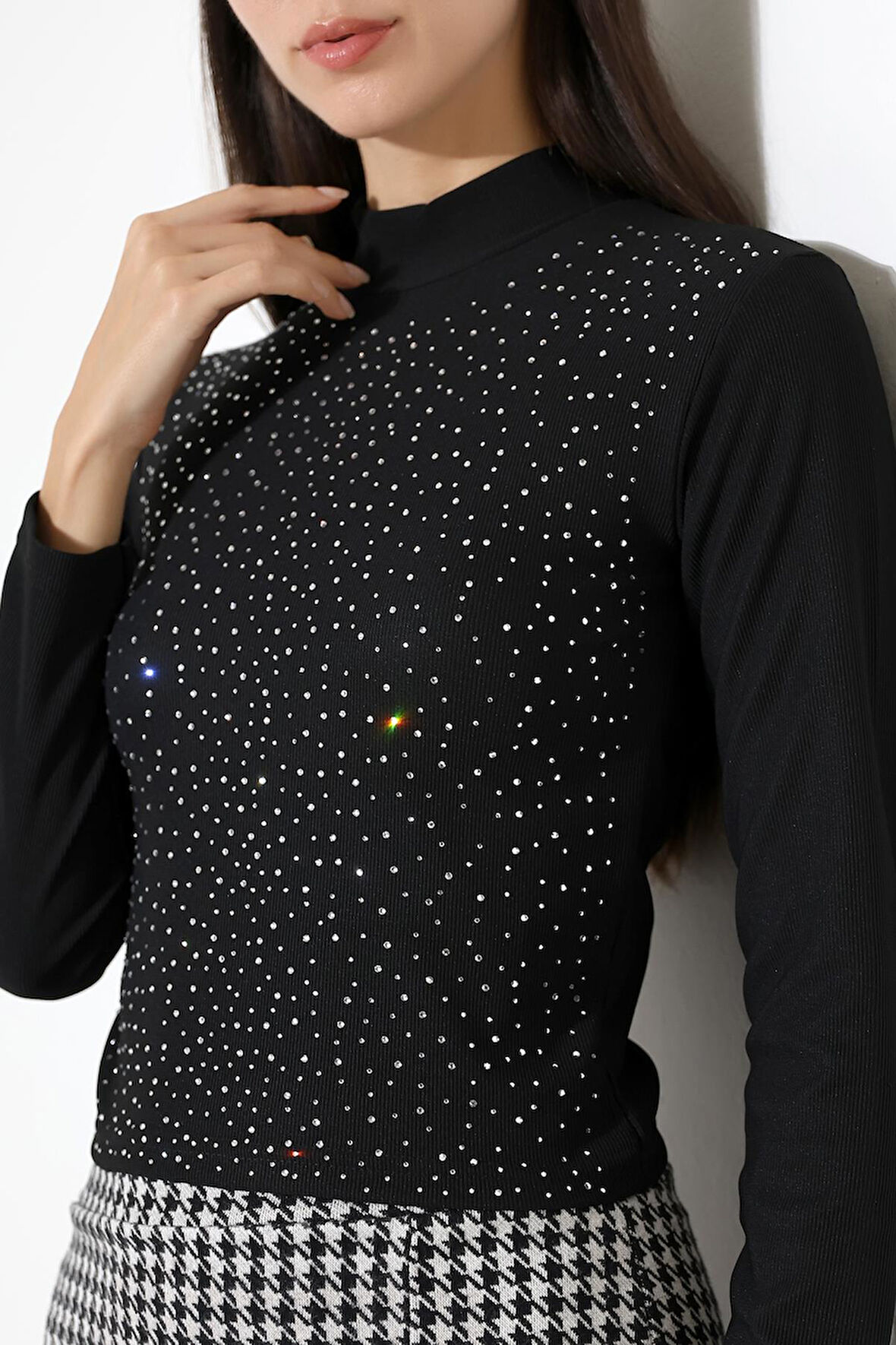 Kadın Uzun Kol Taşlı Bluz, Yarım Balıkçı Yaka (Boğazlı) Body B921 