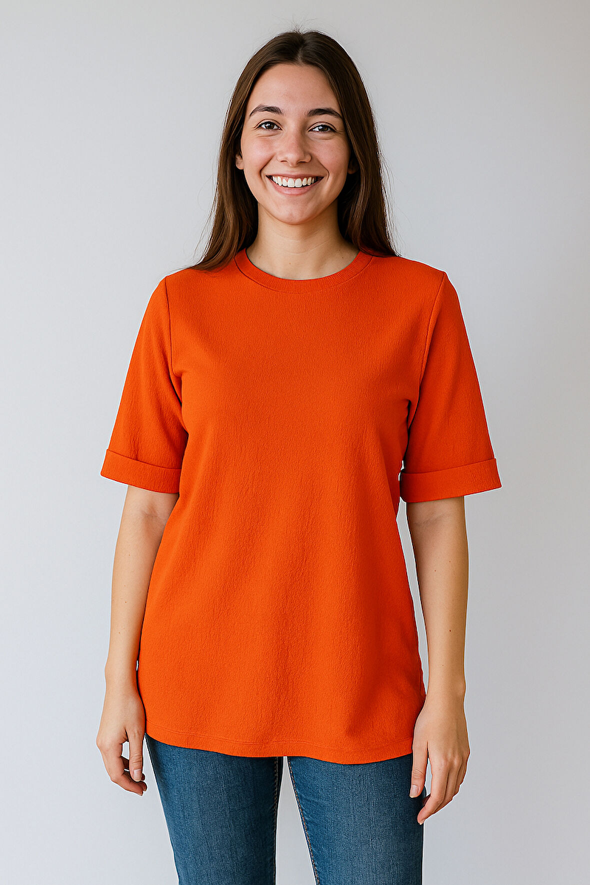 Kadın Oversize kalıp Bürümcük Kumaş Duble Kol Yandan Yırtmaçlı T-shirt Bluz - T954