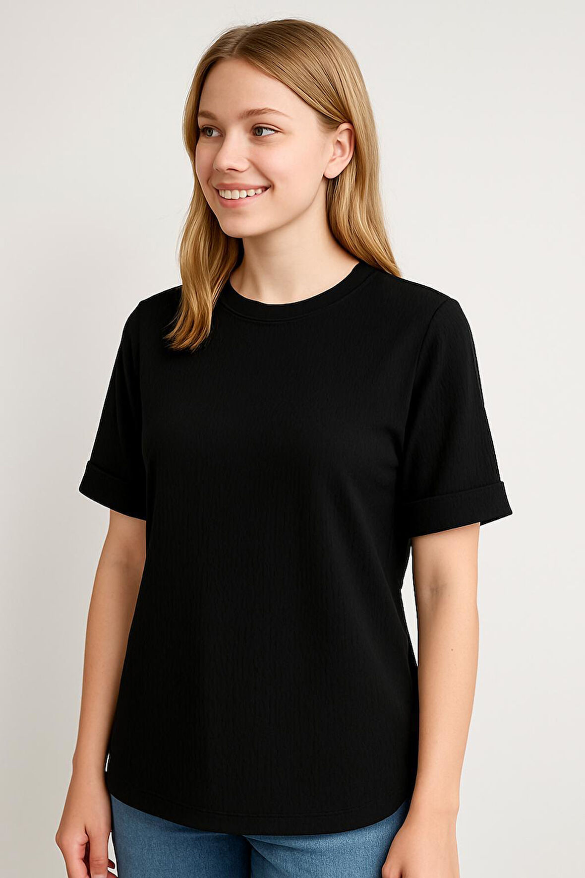 Kadın Oversize kalıp Bürümcük Kumaş Duble Kol Yandan Yırtmaçlı T-shirt Bluz - T954