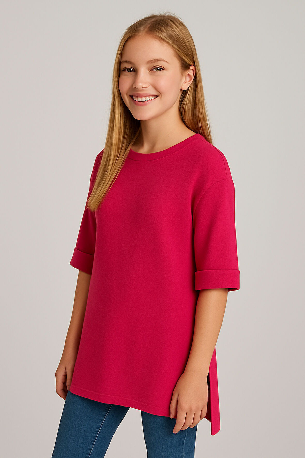 Kadın Oversize kalıp Bürümcük Kumaş Duble Kol Yandan Yırtmaçlı T-shirt Bluz - T954