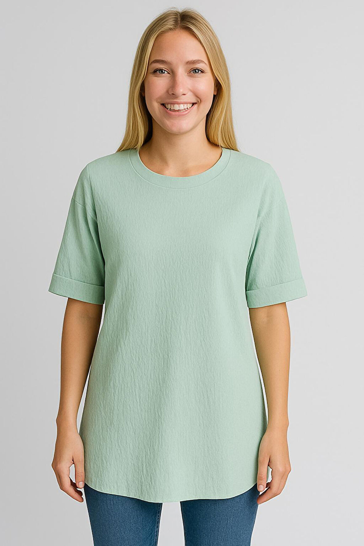 Kadın Oversize kalıp Bürümcük Kumaş Duble Kol Yandan Yırtmaçlı T-shirt Bluz - T954