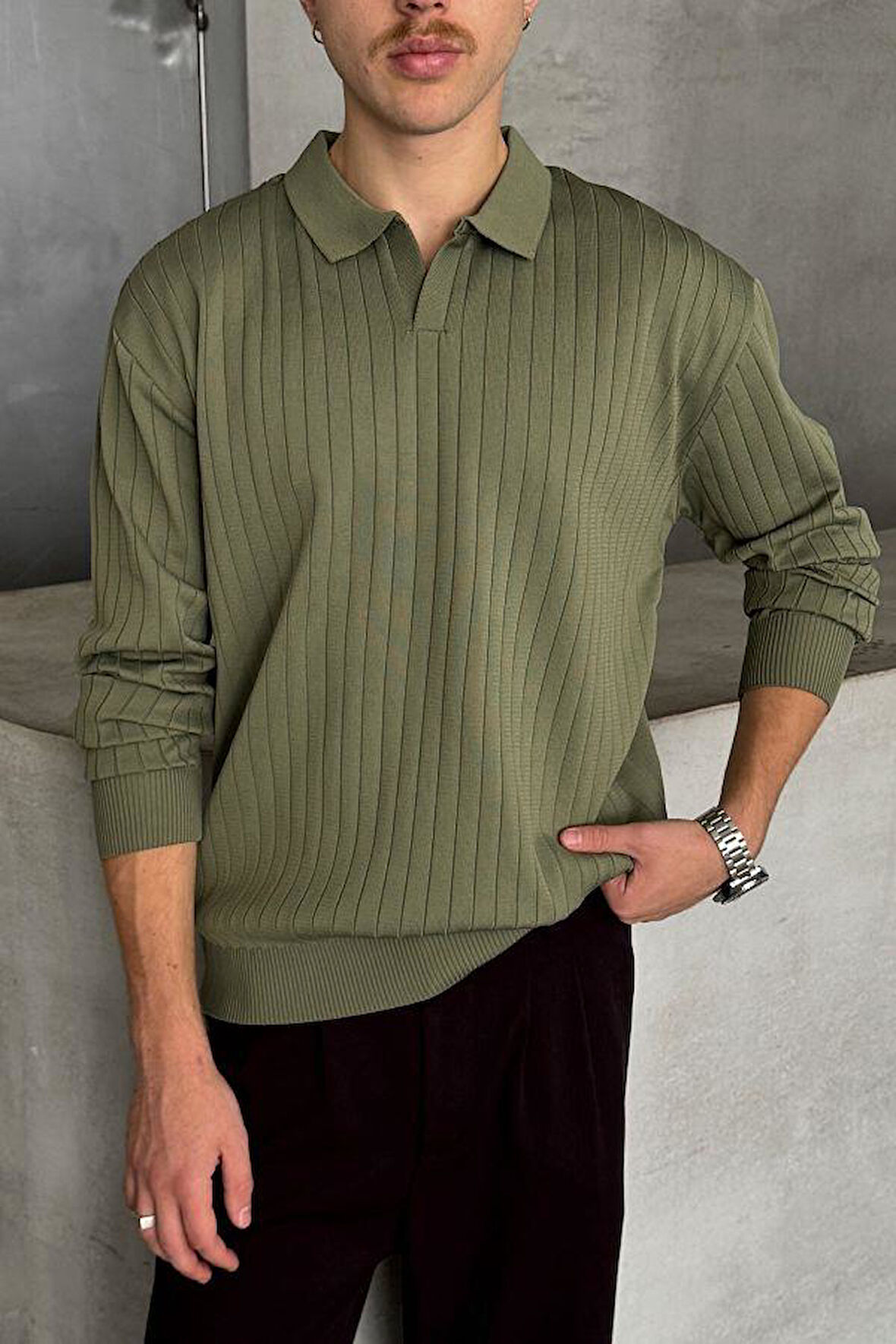 Erkek Slim Fit Polo Yaka Fitilli Triko Kazak -26107