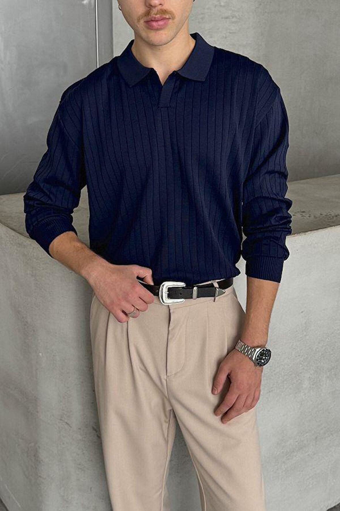 Erkek Slim Fit Polo Yaka Fitilli Triko Kazak -26107