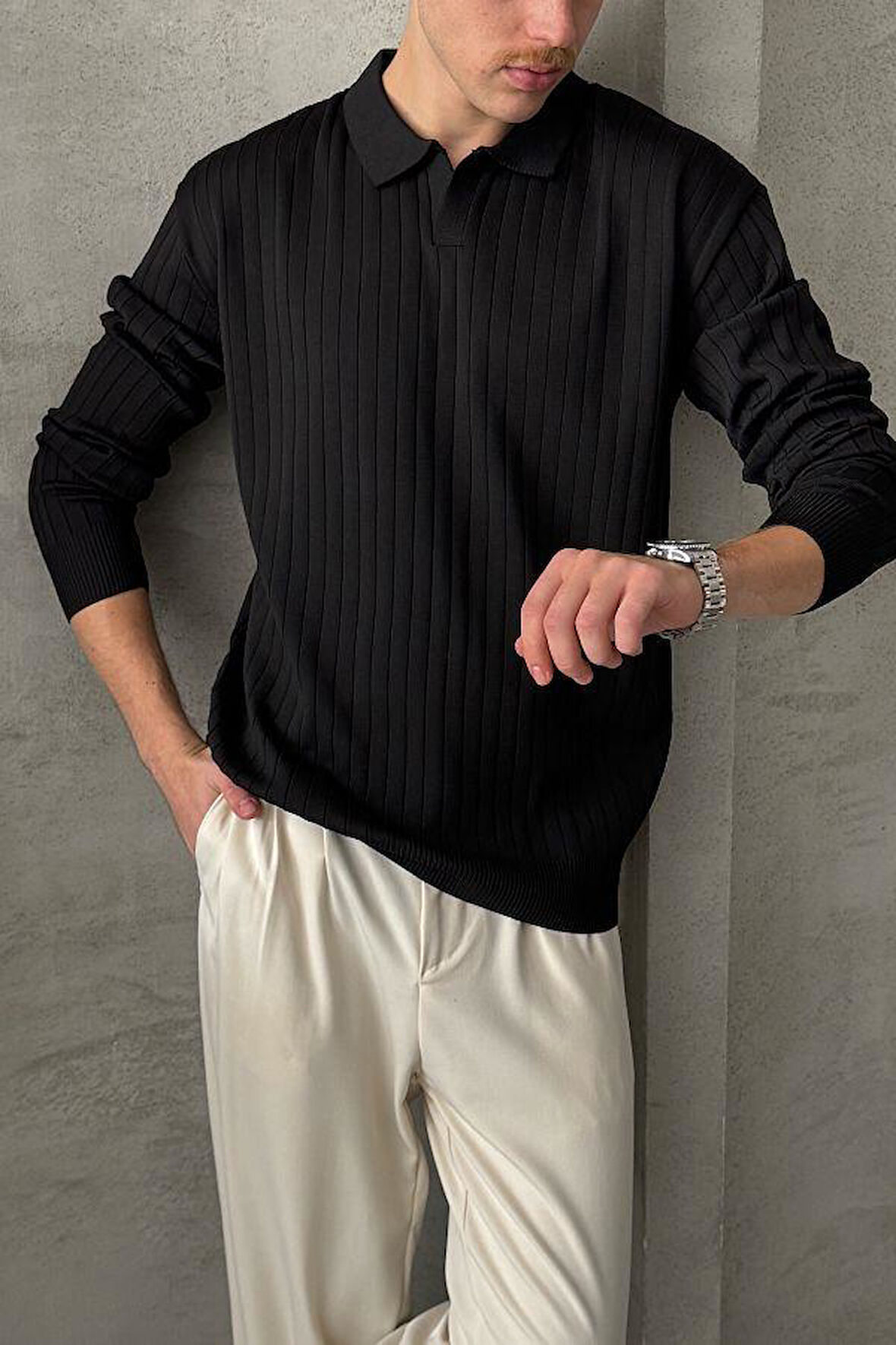 Erkek Slim Fit Polo Yaka Fitilli Triko Kazak -26107