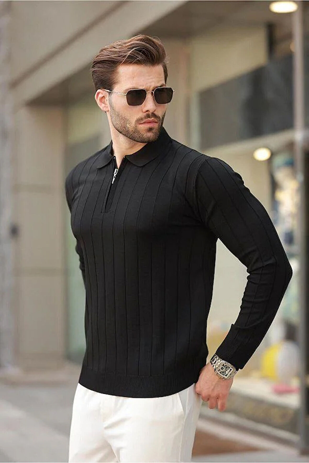 Erkek Slim Fit Polo Yaka Fermuarlı Fitilli Triko Kazak - 4001