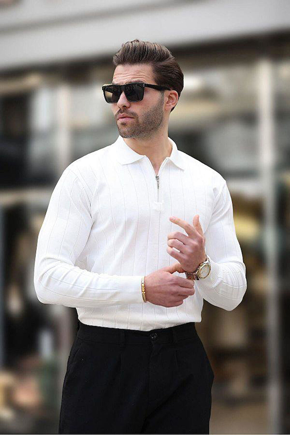 Erkek Slim Fit Polo Yaka Fermuarlı Fitilli Triko Kazak - 4001