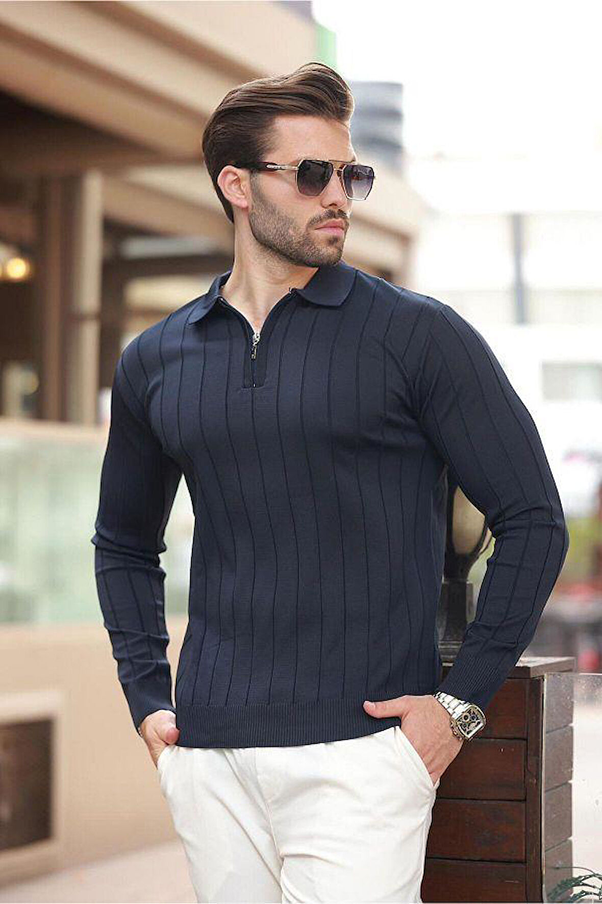 Erkek Slim Fit Polo Yaka Fermuarlı Fitilli Triko Kazak - 4001