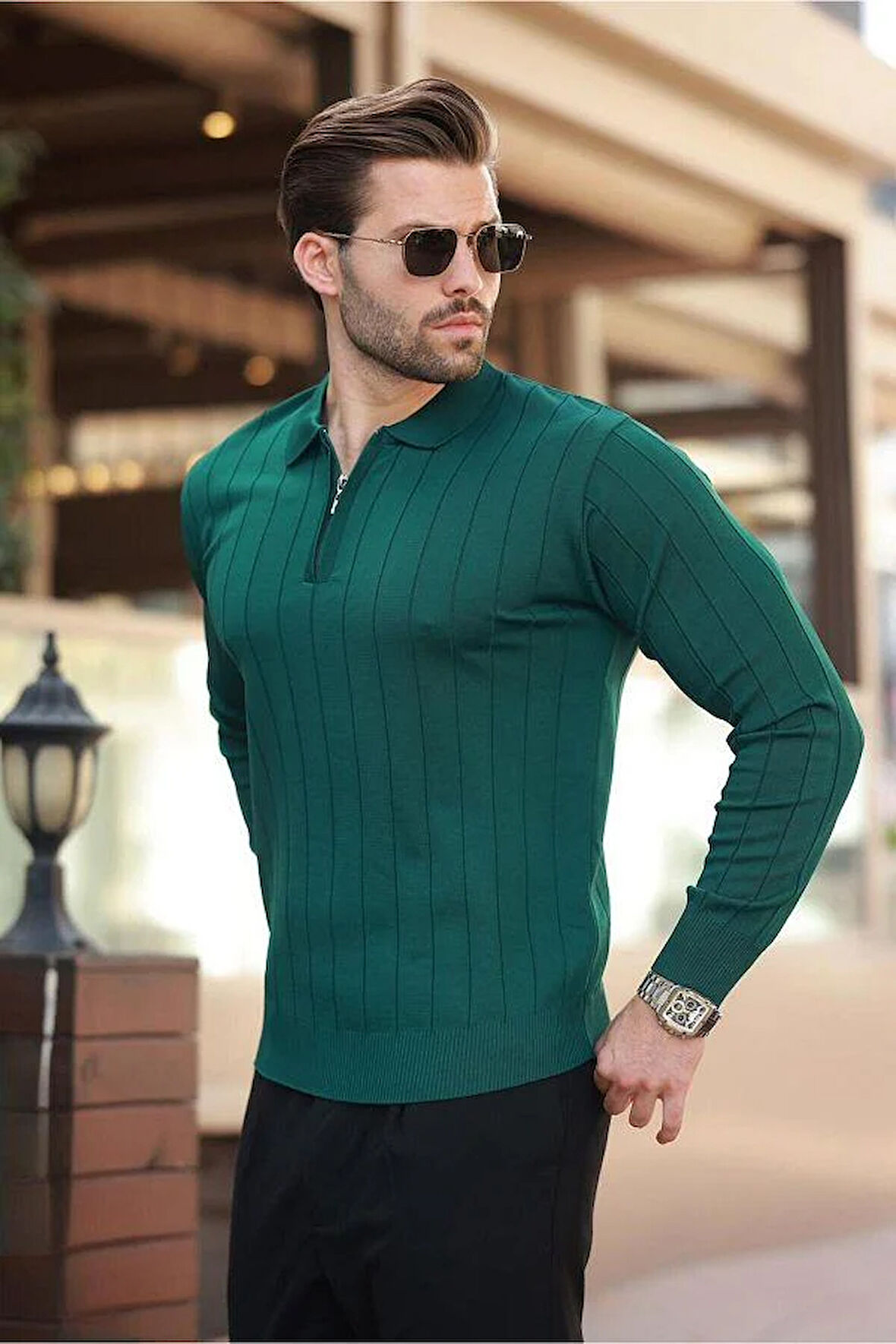 Erkek Slim Fit Polo Yaka Fermuarlı Fitilli Triko Kazak - 4001