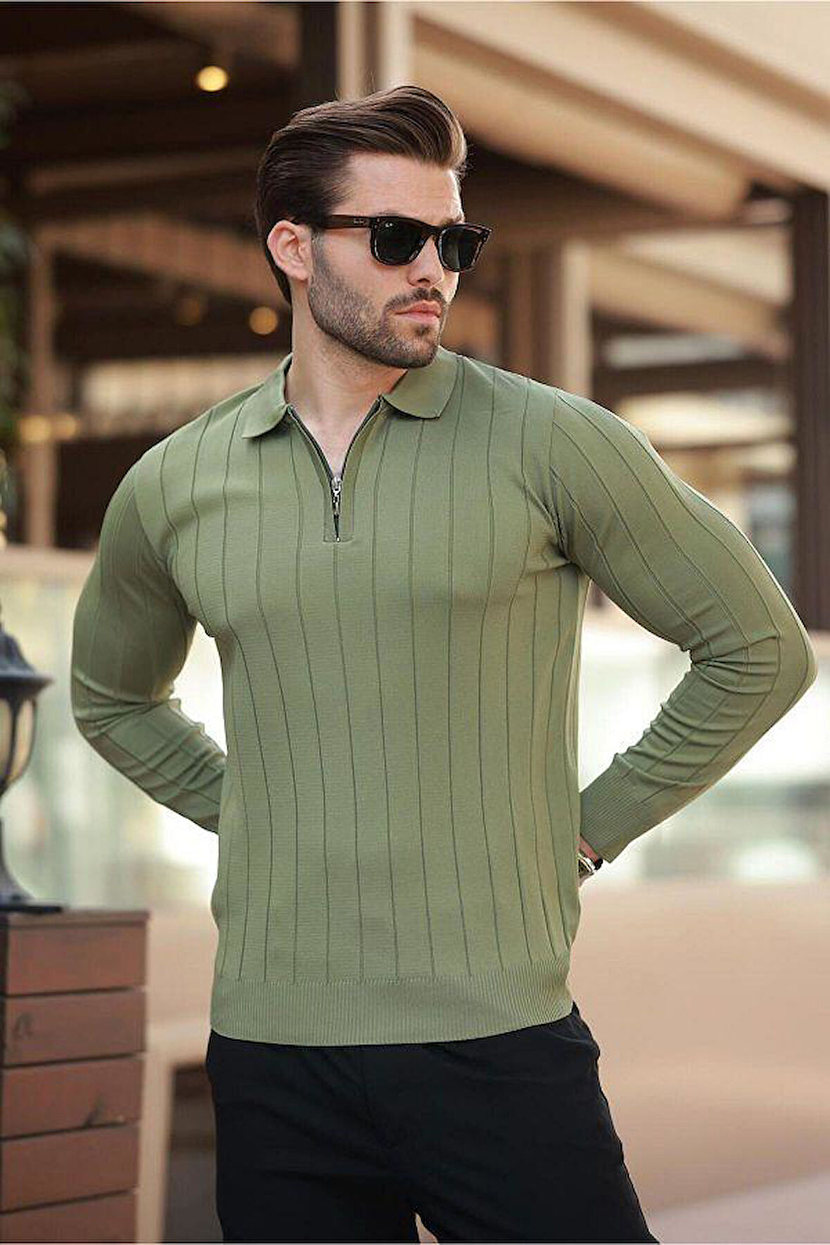 Erkek Slim Fit Polo Yaka Fermuarlı Fitilli Triko Kazak - 4001