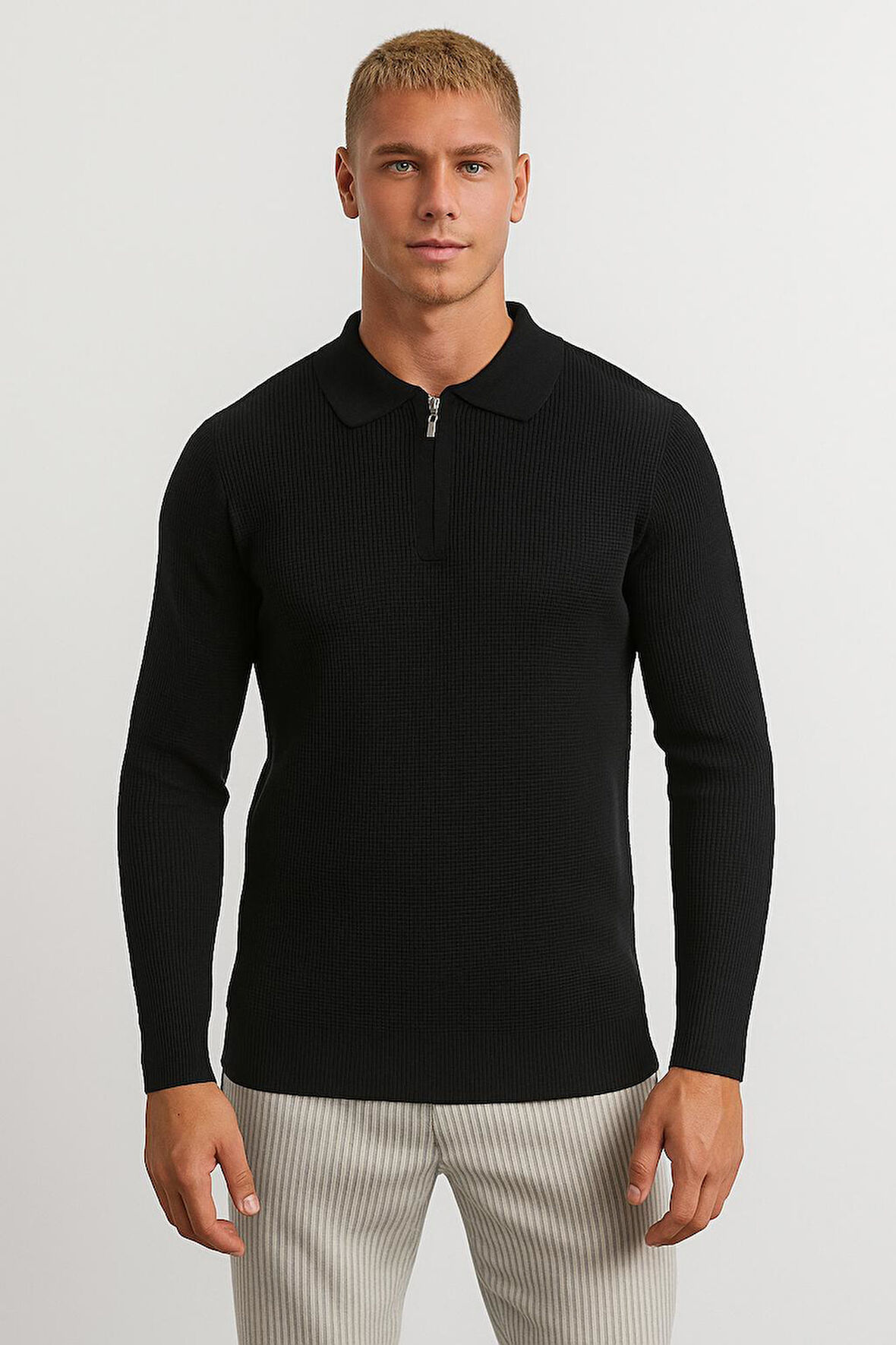 Erkek Tam Kalıp Düz Renk Polo Yaka Fermuarlı Uzun Kollu Triko Kazak - LP903