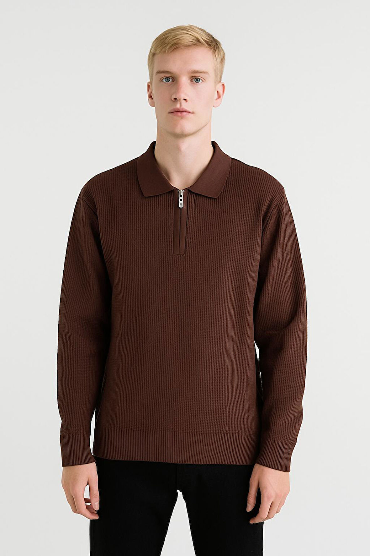 Erkek Tam Kalıp Düz Renk Polo Yaka Fermuarlı Uzun Kollu Triko Kazak - LP903