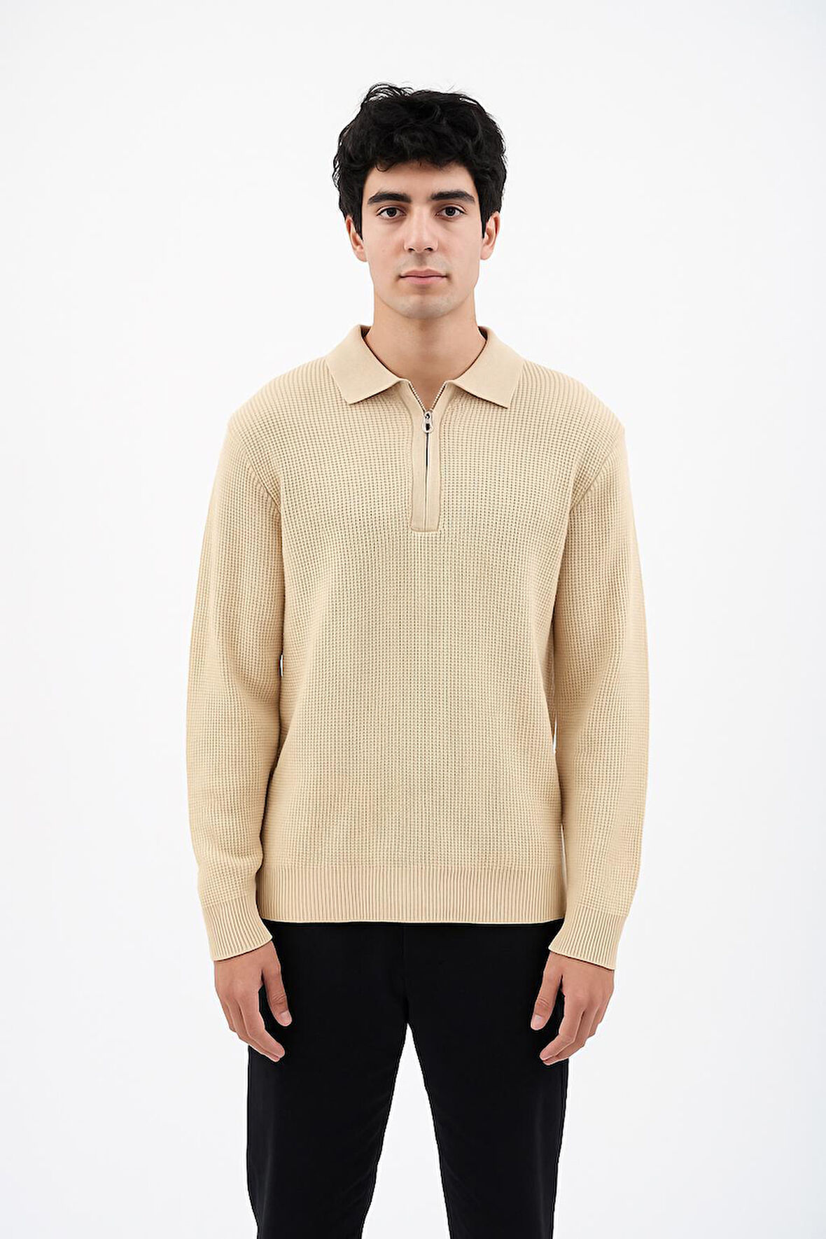 Erkek Tam Kalıp Düz Renk Polo Yaka Fermuarlı Uzun Kollu Triko Kazak - LP903