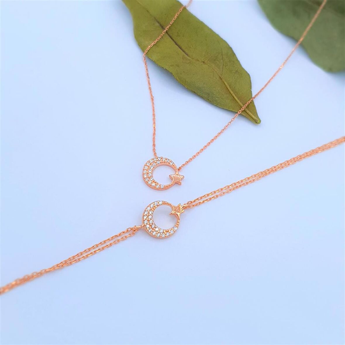 Pırlanta Montür Tasarım Rose Ayyıldız Gümüş Kolye Ve Bileklik İkili Set