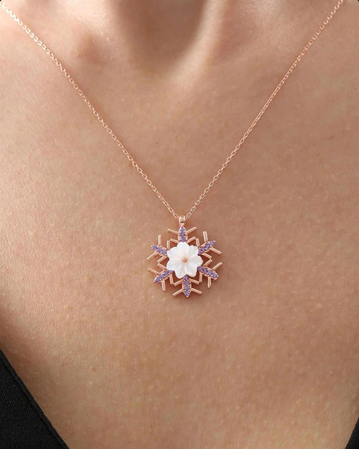 MANOLYA ÇİÇEĞİ AMETİST TAŞ KAR TANESİ IŞILTI GÜMÜŞ KOLYE