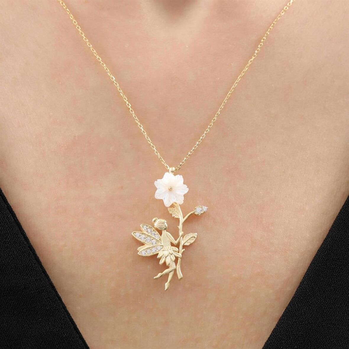 MANOLYA ÇİÇEĞİ GOLD PERİ GÜMÜŞ KOLYE