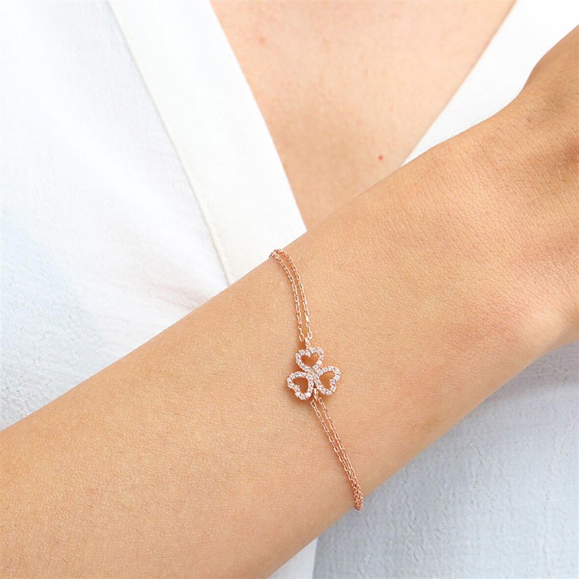 Pırlanta Montür Tasarım Rose Gold Üçlü Kalp Gümüş Bileklik