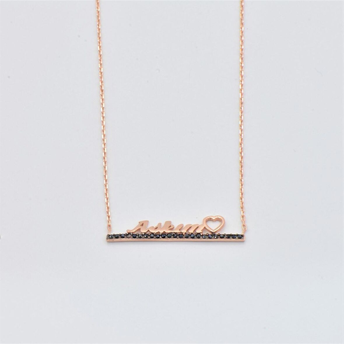 Pırlanta Montür Tasarım Rose Gold Oniks Taş Aşkım Gümüş Kolye 