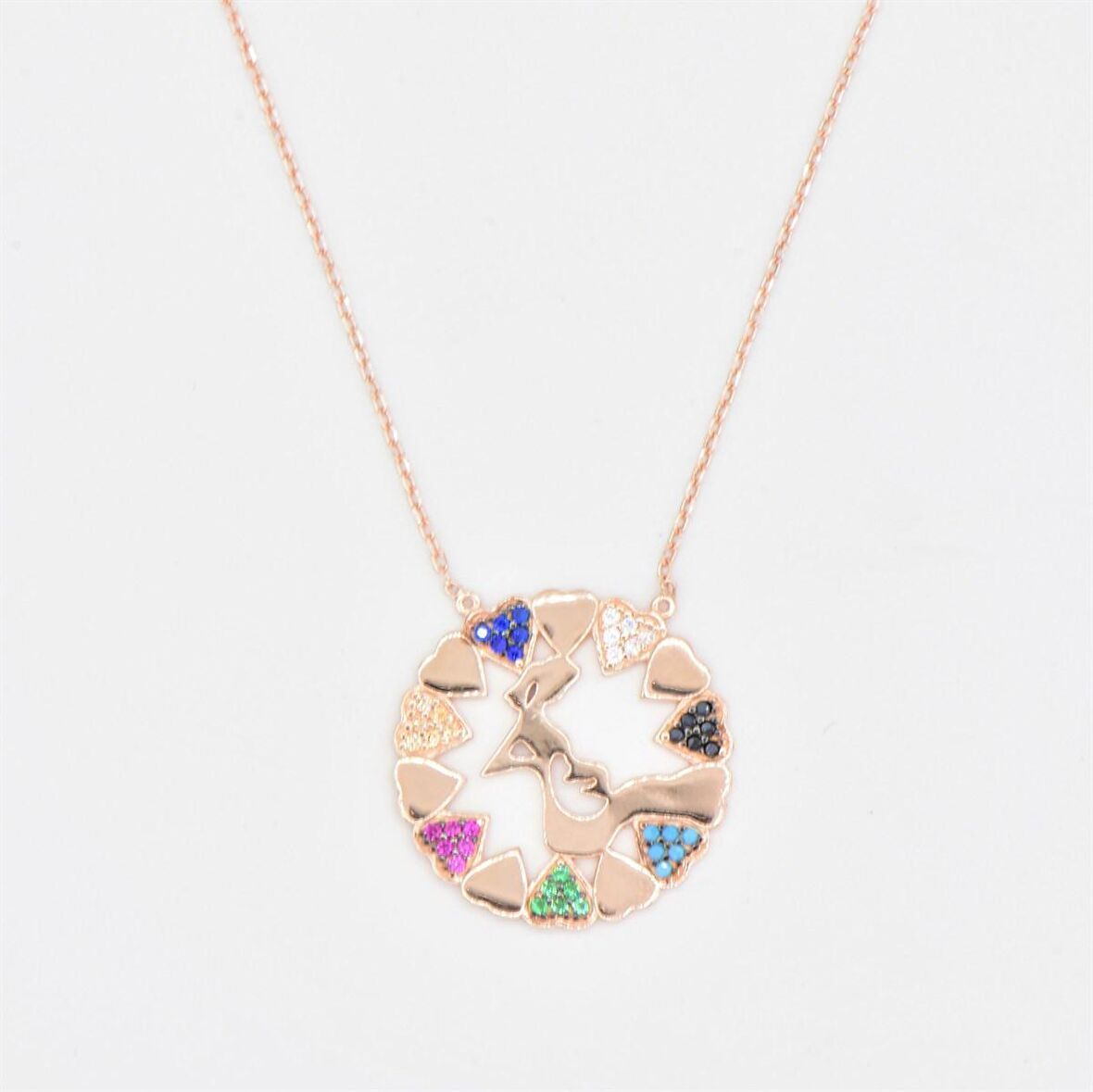 Pırlanta Montür Tasarım Rose Gold Mix Taşlı Oval Kalpler Gümüş Kolye 