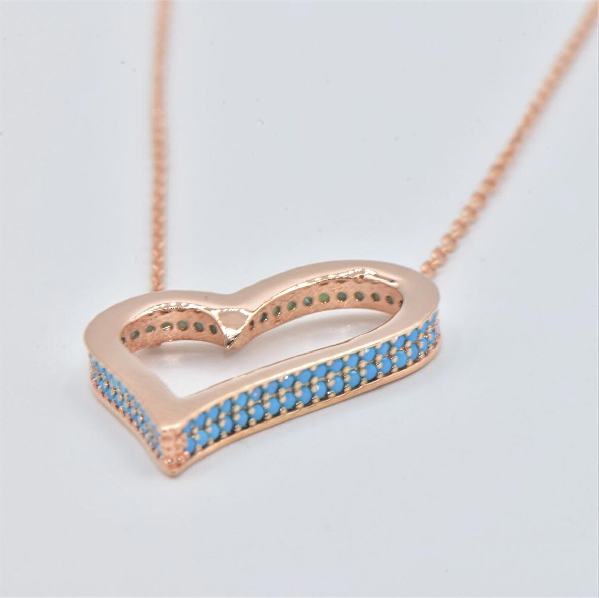 Pırlanta Montür Tasarım Rose Gold Firuze Taşlı Çift Sıra Taş Kalp Gümüş Kolye 