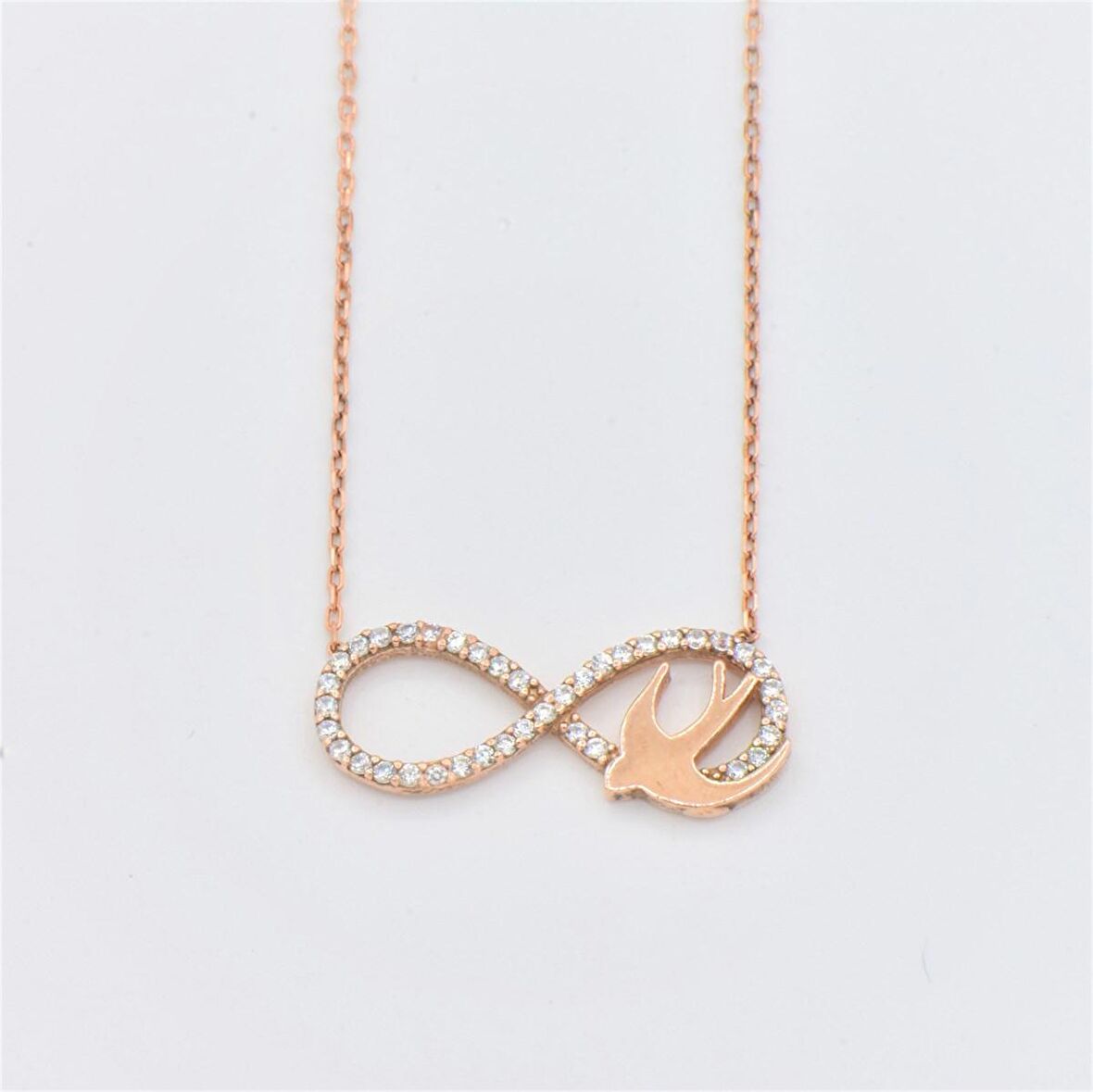 Pırlanta Montür Tasarım Rose Gold Kuşlu Sonsuzluk Gümüş Kolye 