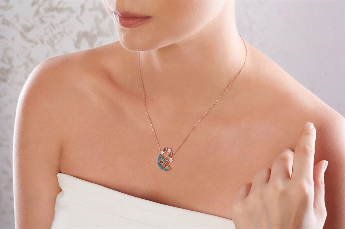 Pırlanta Montür Tasarım Rose Gold Yıldız Saçan Peri Gümüş Kolye 