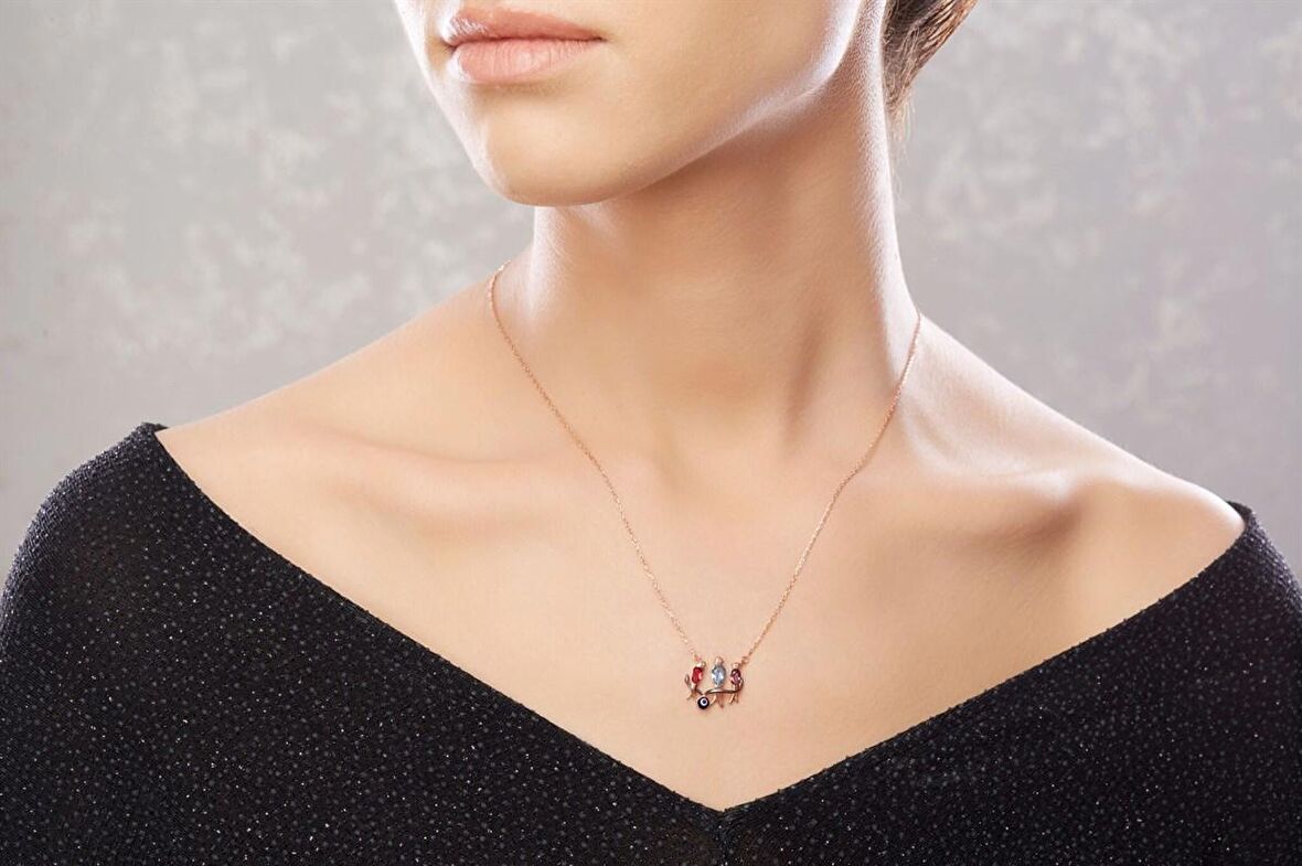 Pırlanta Montür Tasarım Rose Gold Üçlü Kuş Gümüş Kolye 