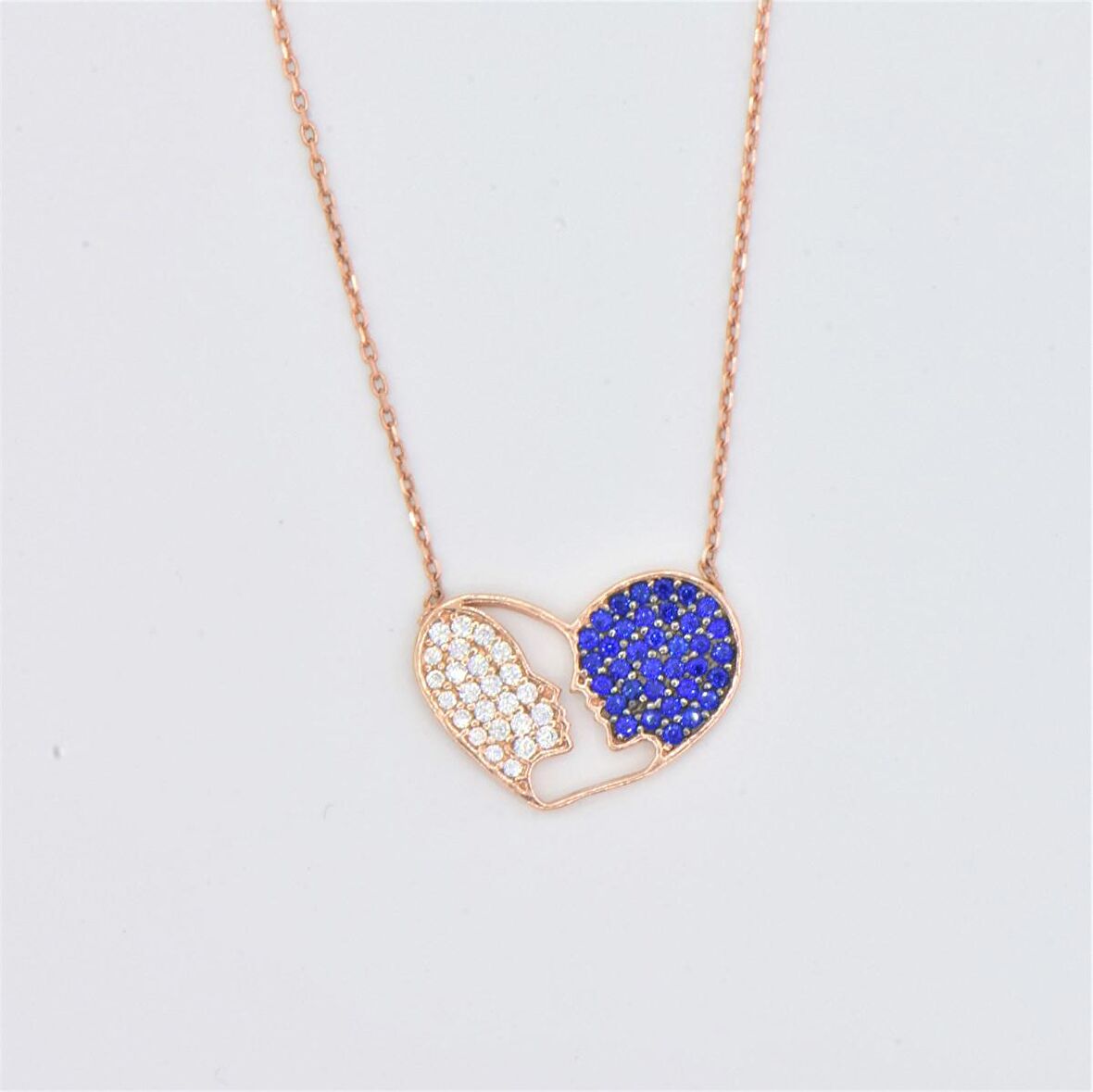 Pırlanta Montür Tasarım Rose Gold Safir Taş İkili Kalp Gümüş Kolye