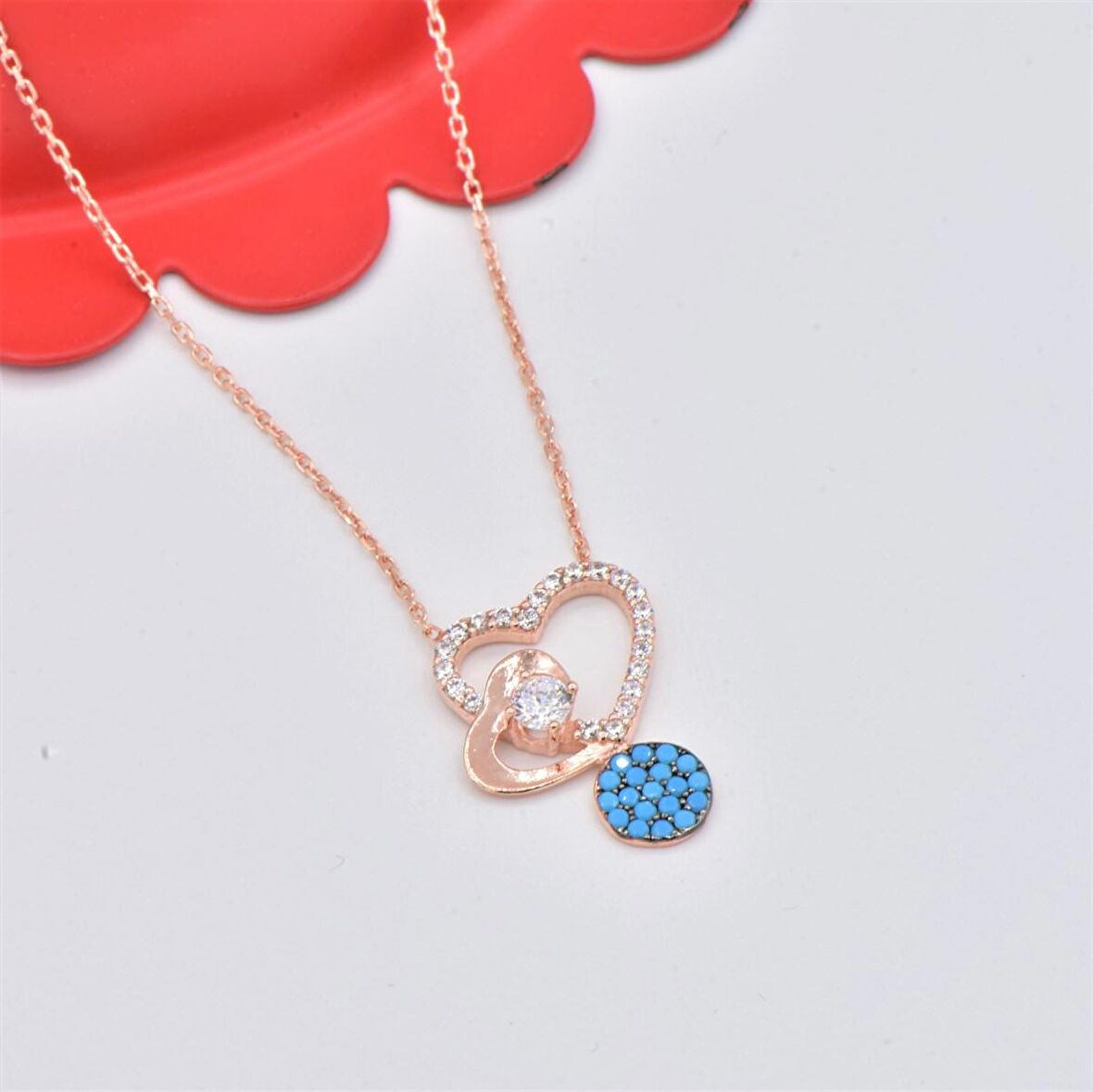 Pırlanta Montür Tasarım Rose Gold Firuze Taş Kalp Gümüş Kolye