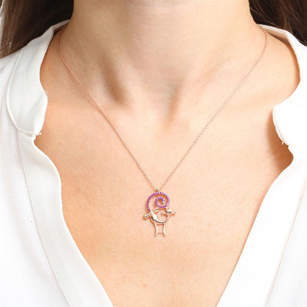 PIRLANTA MONTÜR TASARIM AMATİS TAŞ ROSE GOLD KEDİ GÜMÜŞ KOLYE