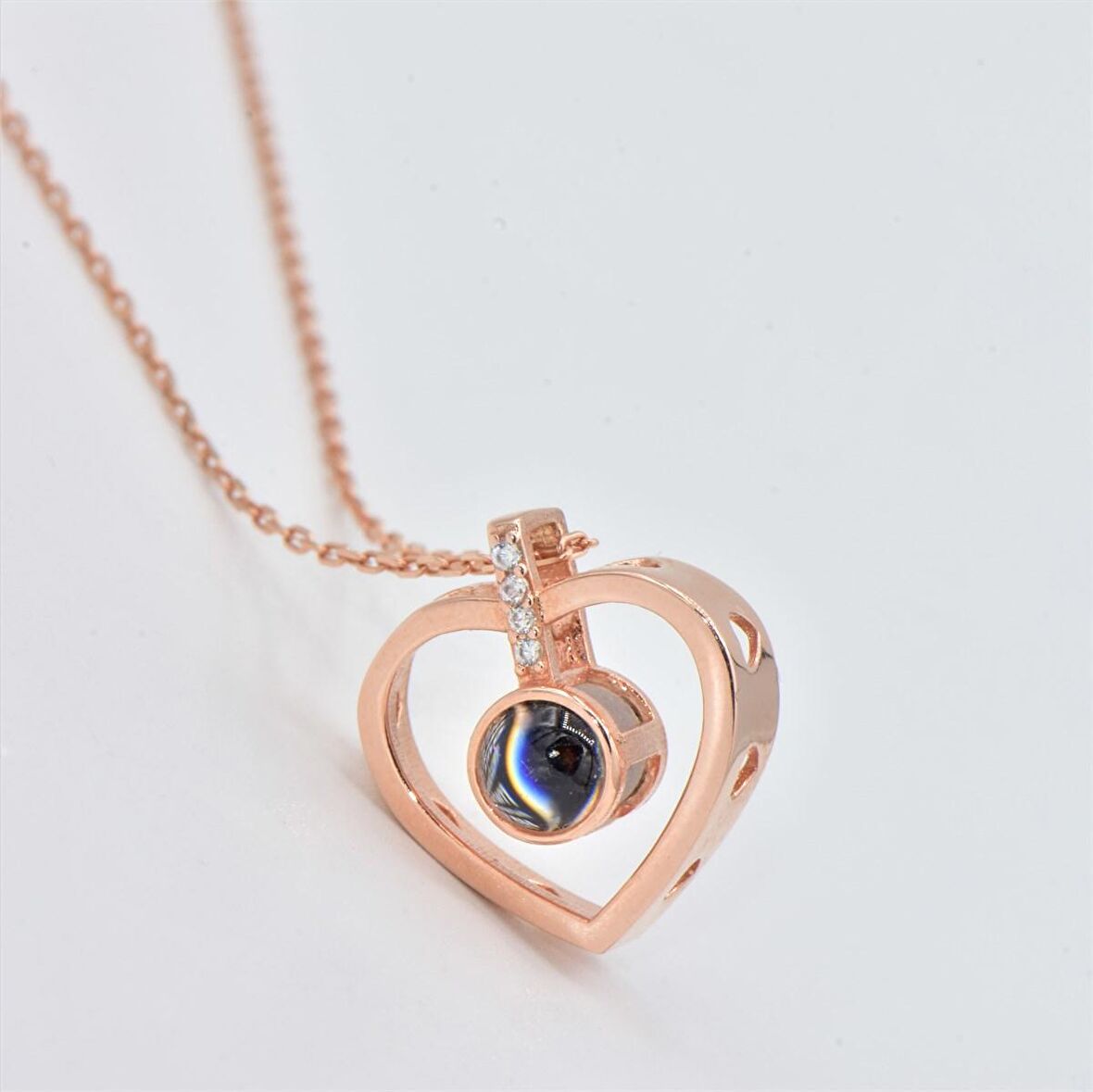 Trend Tasarım Rose Gold 100 Dil de Aşk Projeksiyon Taş Kalp Gümüş Kolye