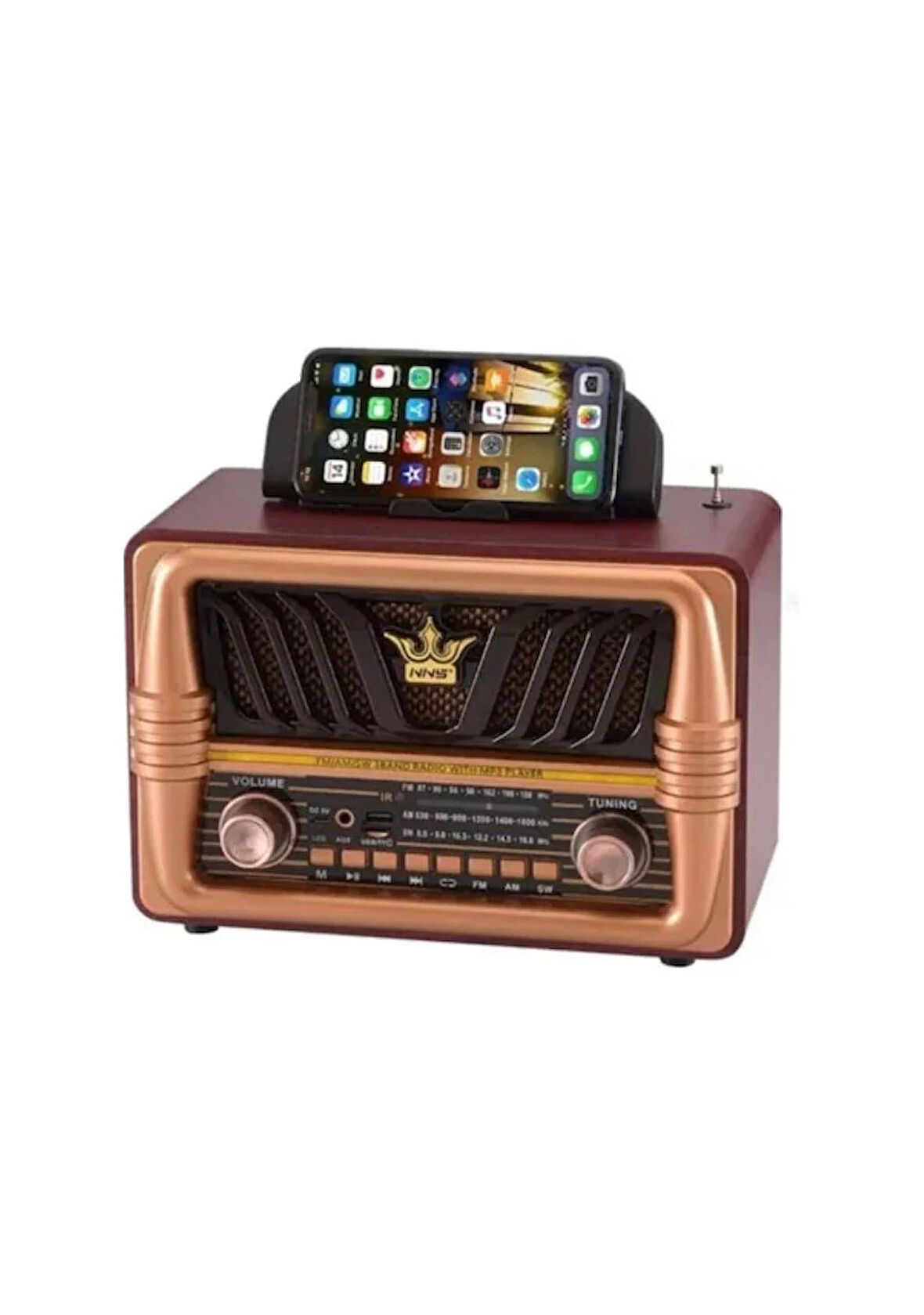 NS-8077 Büyük Boy Telefon Tutma Aparatlı Retro Ahşap Tasarım Bluetooth Hoparlörlü Radyo Fm/am
