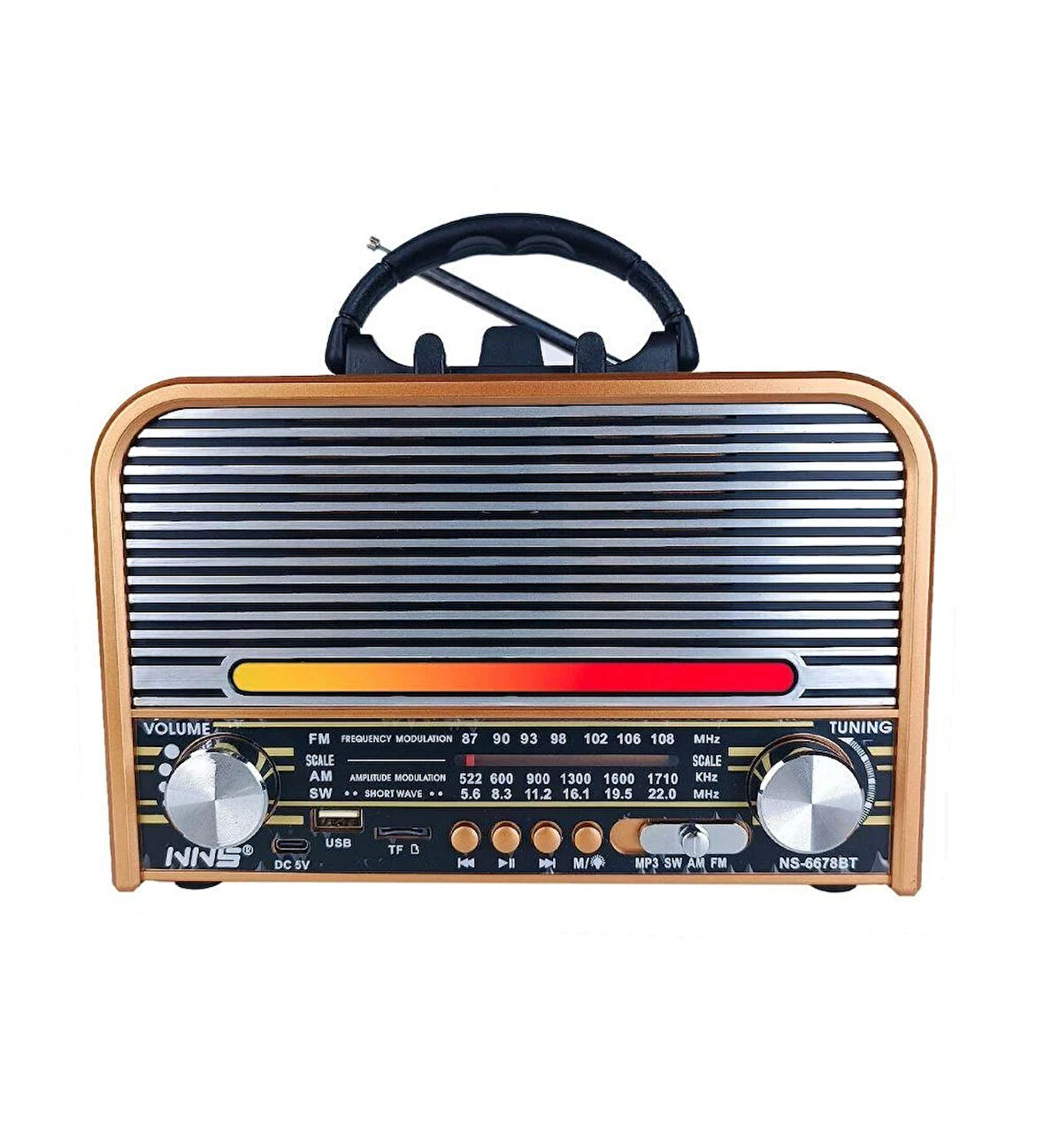 NS-6678 Retro, Nostaljik, Ahşap LED Işıklı Müzik Seti FM Radyo USB MP3 Player Bluetooth Hoparlör Tasarım
