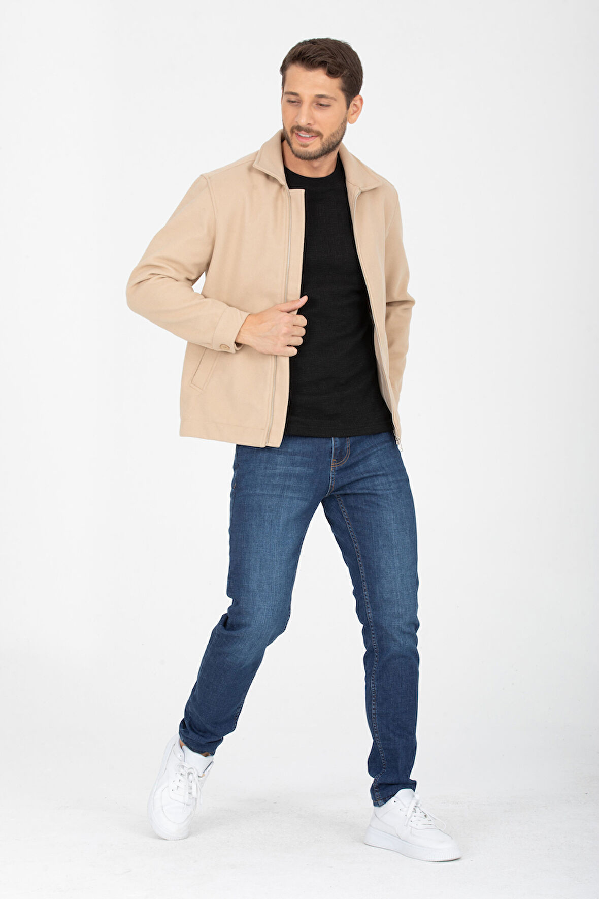 Gömlek Yaka, Fermuarlı Erkek Kaşe Ceket