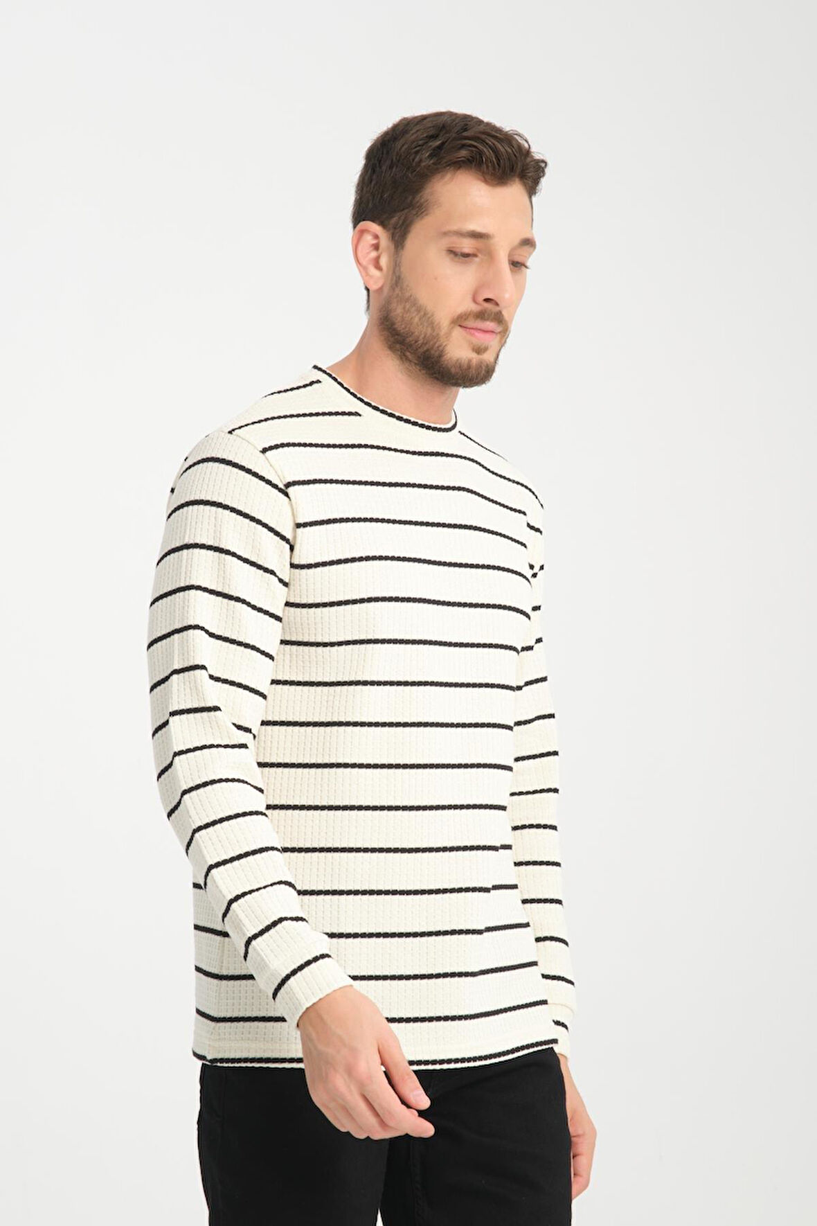 %100 Pamuk Uzun Kollu Çizgili Erkek Sweatshirt