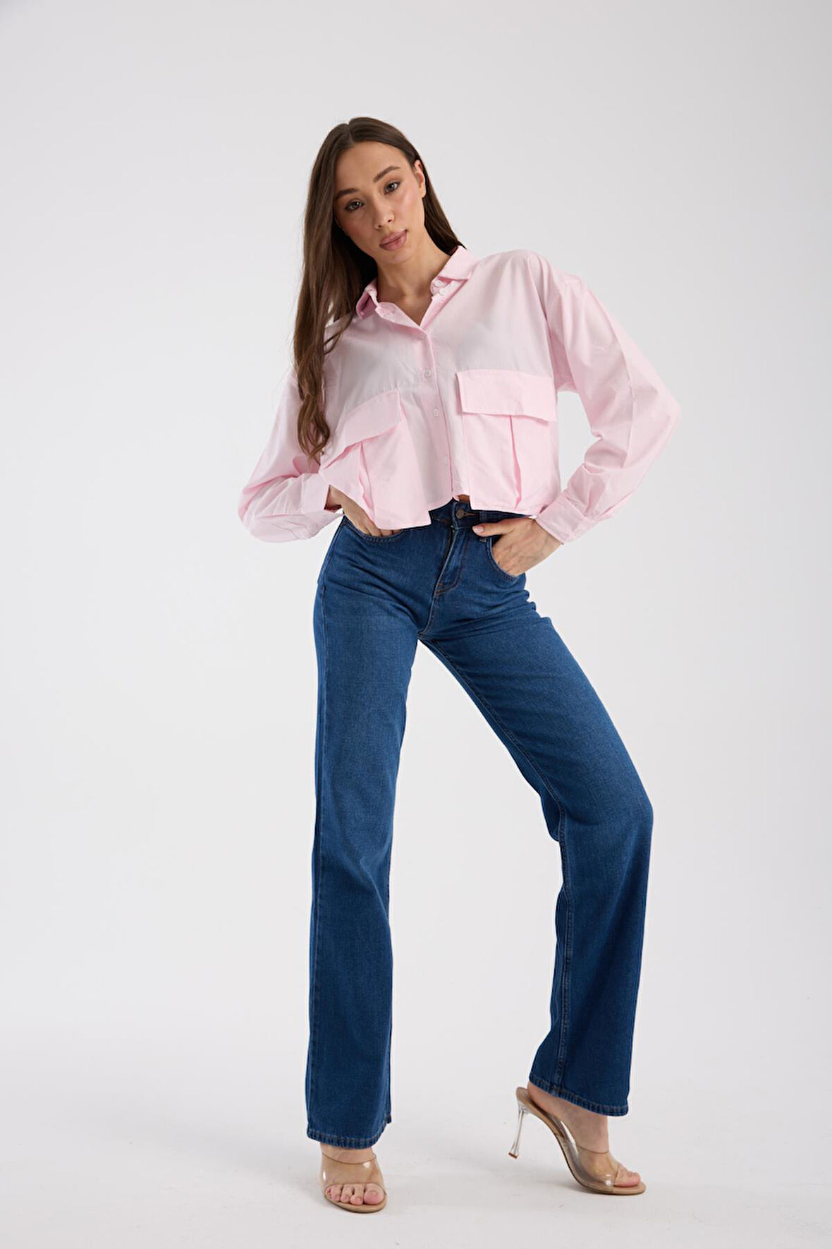 %100 Pamuk Yüksek Bel Bol Paça Rahat Denim Pantolon
