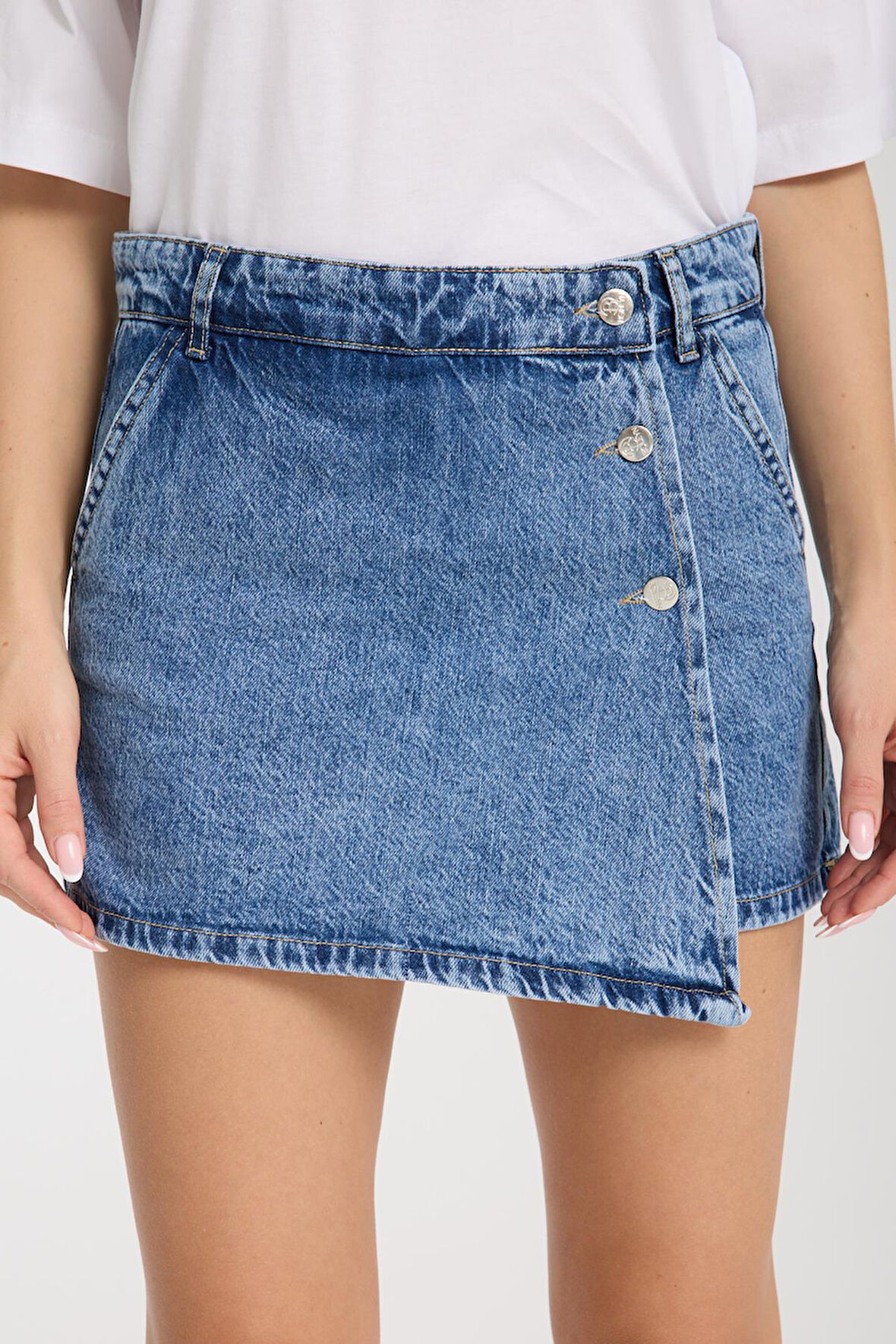 %100 Pamuk Yüksek Bel Düğmeli Şort Etek