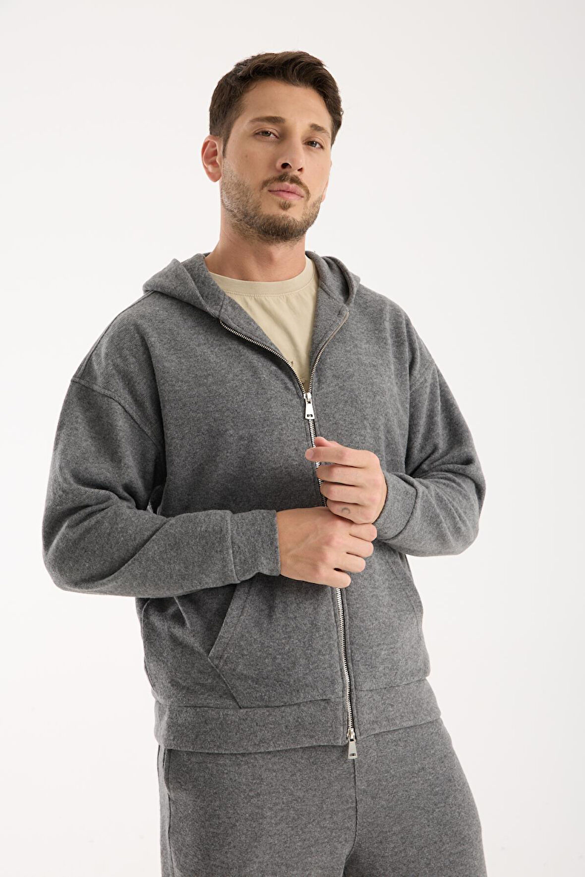 %100 Pamuk Kapüşonlu Fermuarlı Erkek Sweatshirt