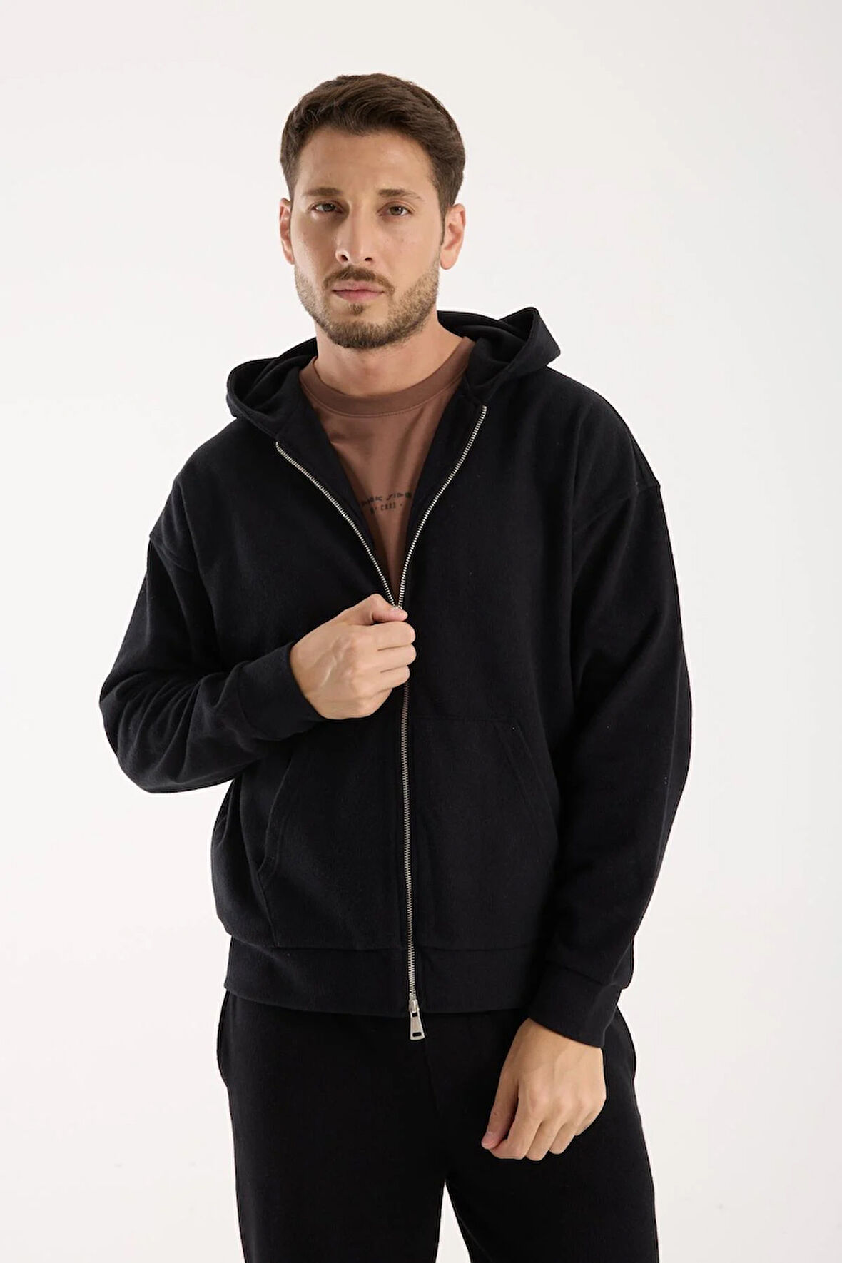 %100 Pamuk Kapüşonlu Fermuarlı Erkek Sweatshirt