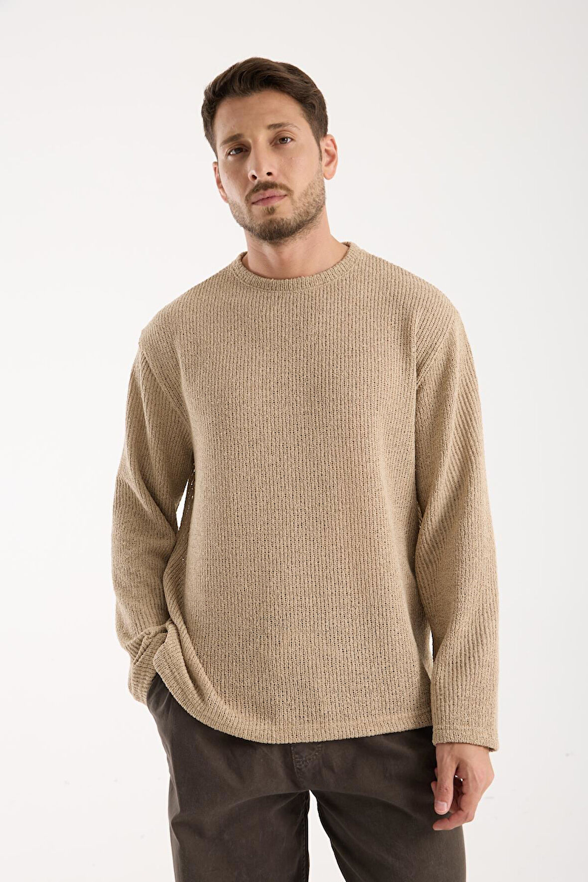 Bisiklet Yaka Oversize Lycralı Triko Görünümlü Sweatshirt