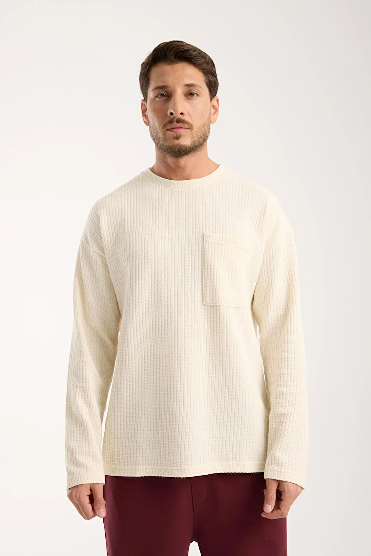 Basic Pamuklu Waffle Kumaş Erkek Sweatshirt – Rahat Kesim Düz Renk Uzun Kol Bisiklet Yaka 